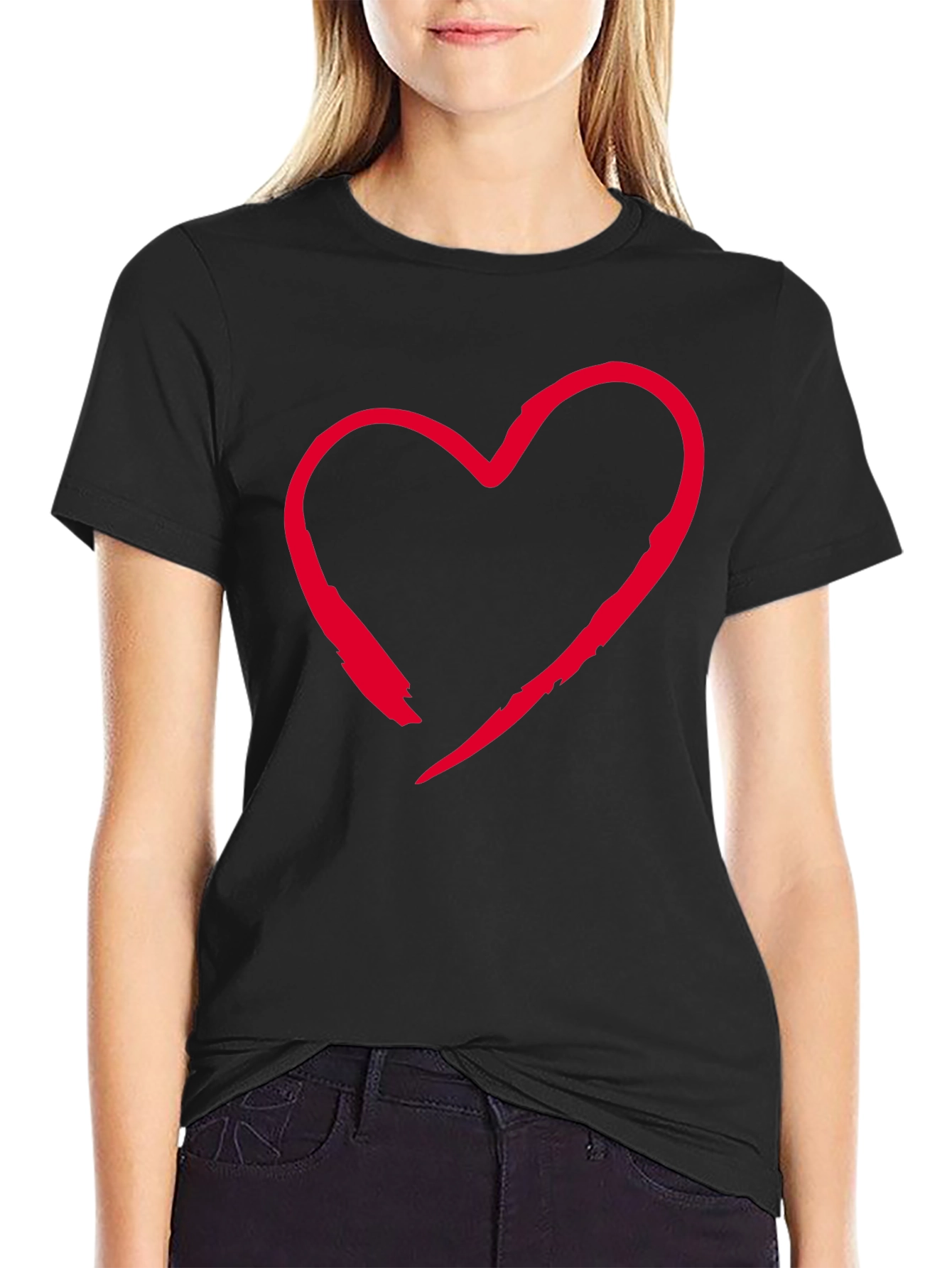 Red Heart Graphic Black T-Shirt Casual Style