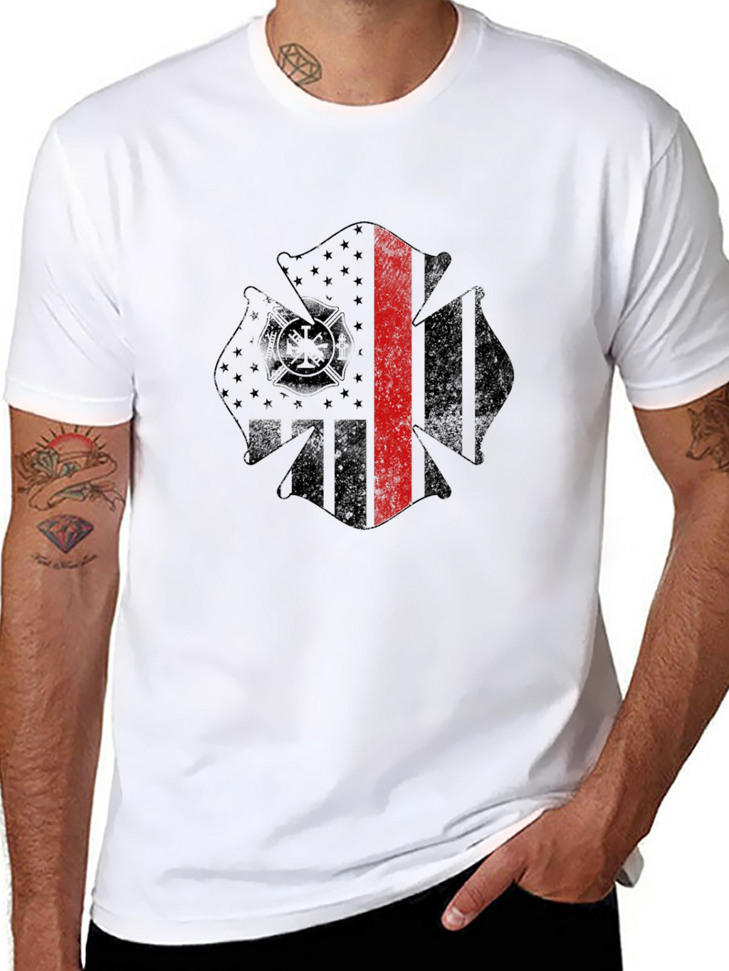 Firefighter Maltese Cross Thin Red Line Graphic T-Shirt