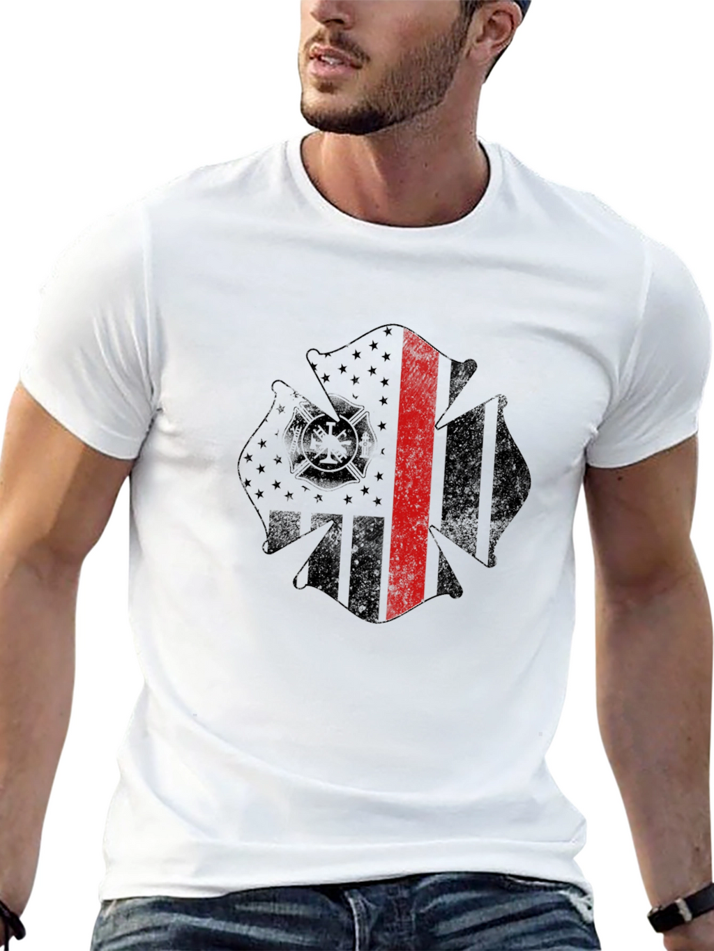 Firefighter Maltese Cross Thin Red Line Graphic T-Shirt