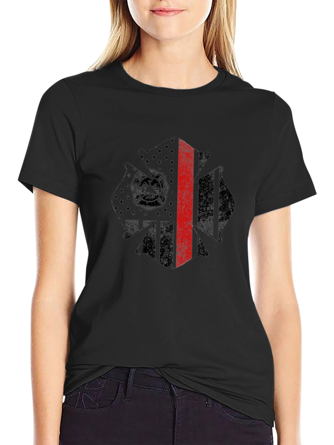 Firefighter Maltese Cross Thin Red Line Graphic T-Shirt