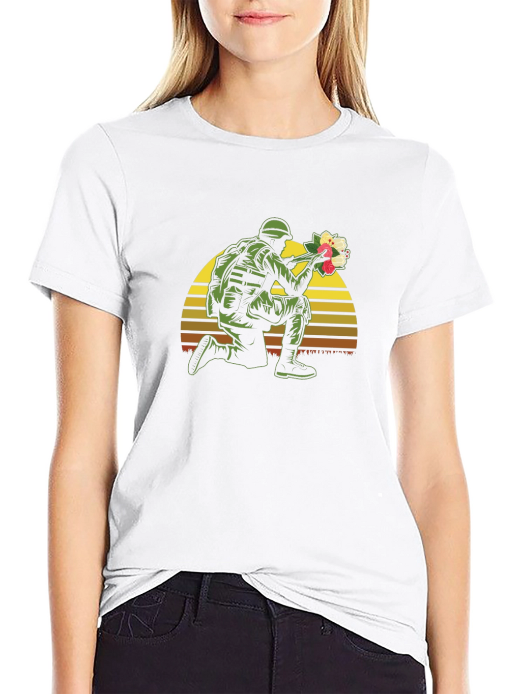 Soldier Holding Flowers Graphic T-Shirt