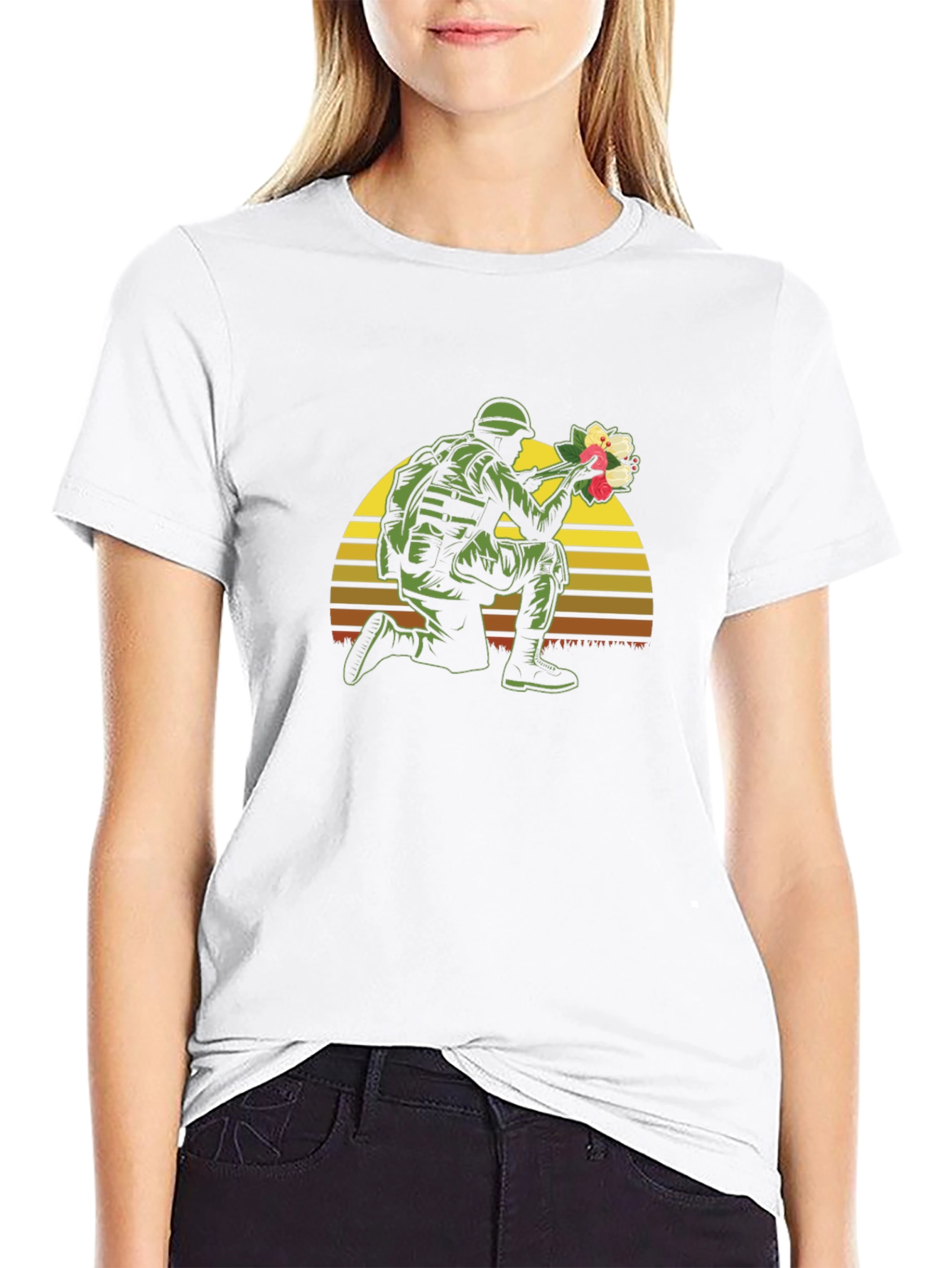 Soldier Holding Flowers Graphic T-Shirt