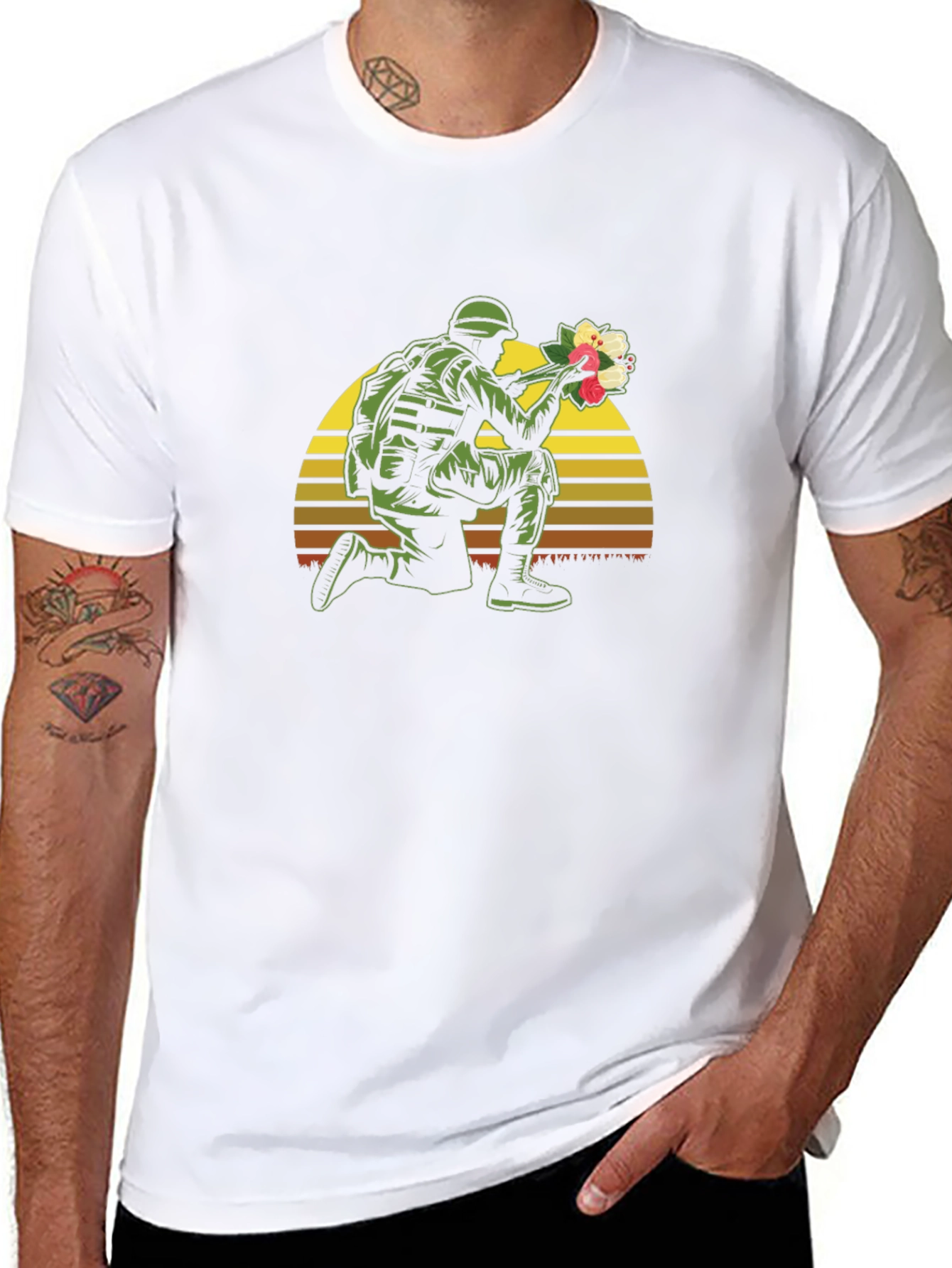 Soldier Holding Flowers Graphic T-Shirt