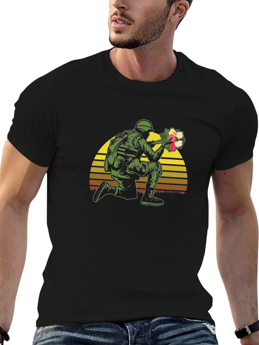 Soldier Holding Flowers Graphic T-Shirt