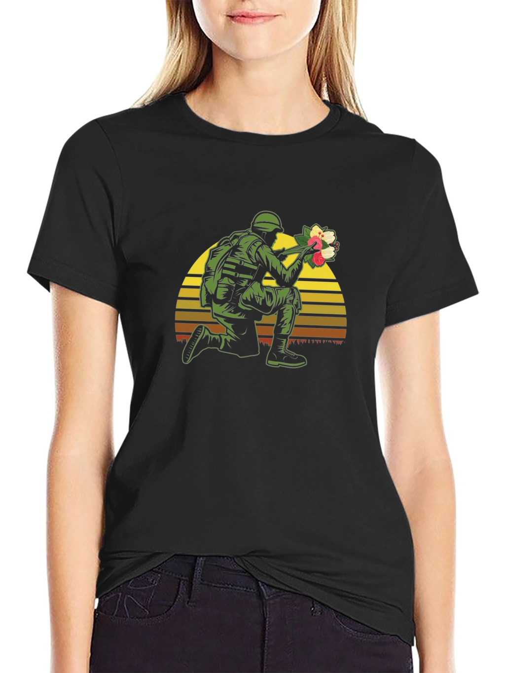 Soldier Holding Flowers Graphic T-Shirt