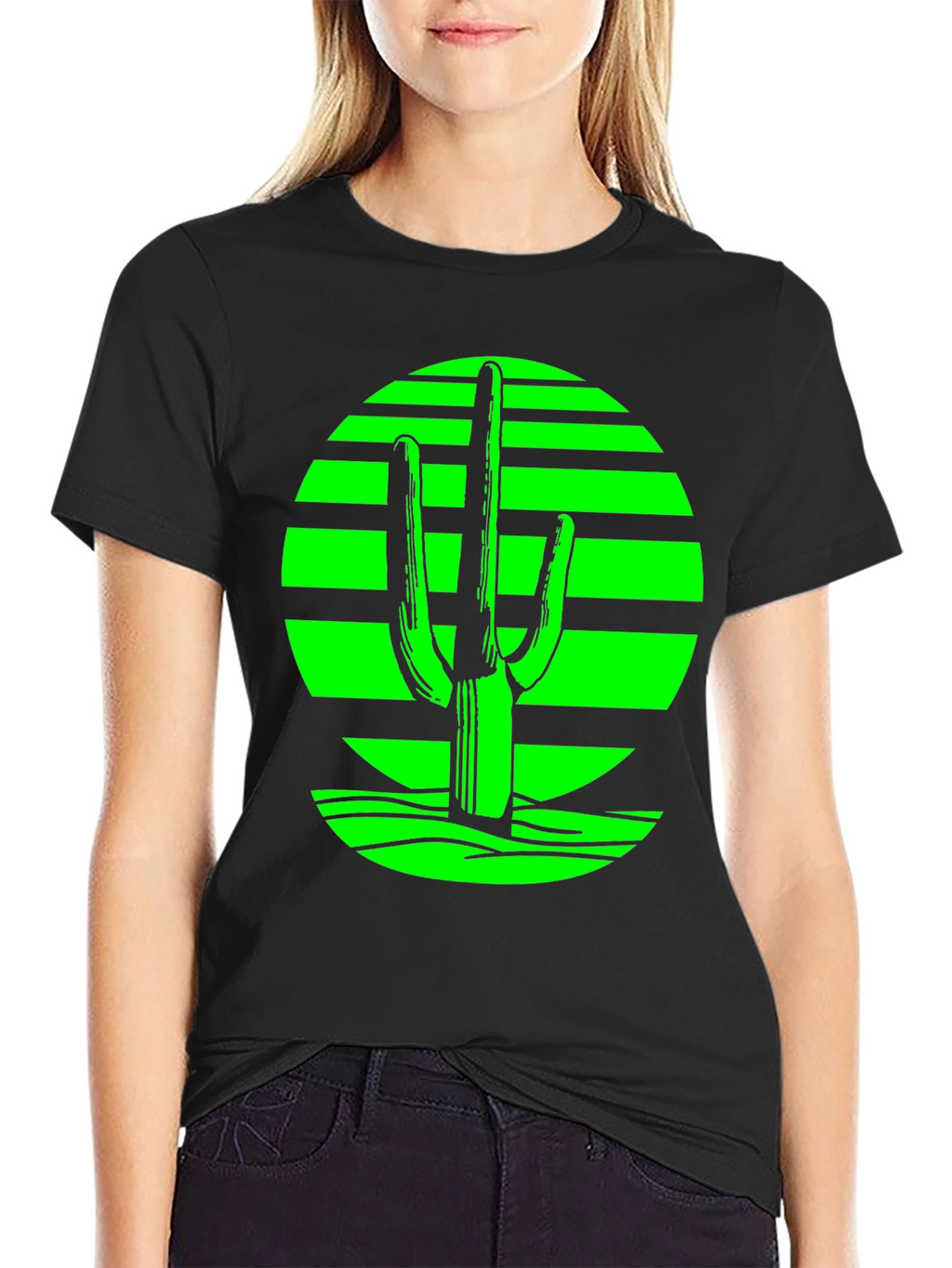 Retro Desert Cactus T-Shirt - Green on Black