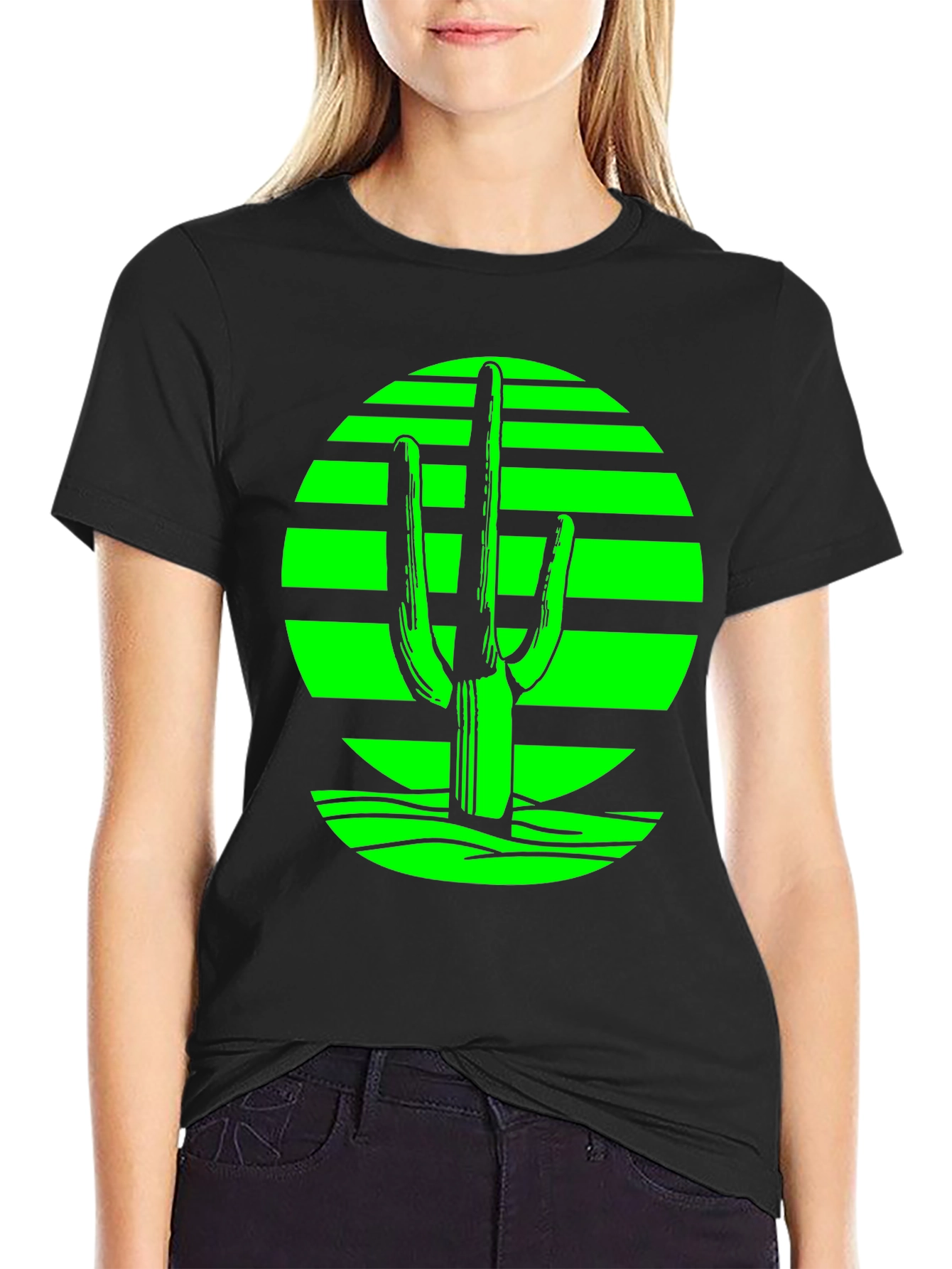 Retro Desert Cactus T-Shirt - Green on Black
