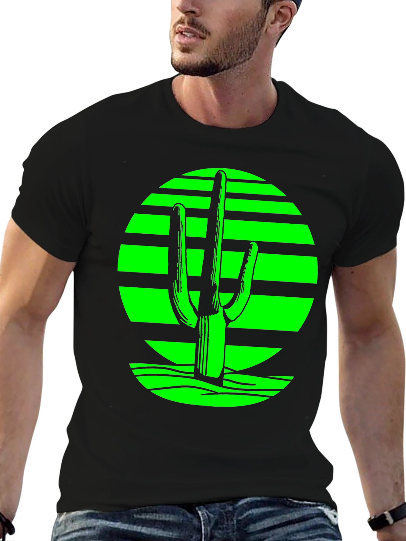 Retro Desert Cactus T-Shirt - Green on Black