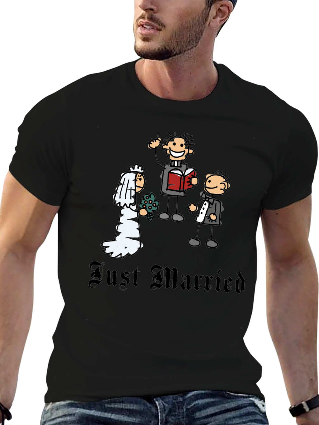 Just Married Cartoon Graphic T-Shirt - Novelty Wedding Tee