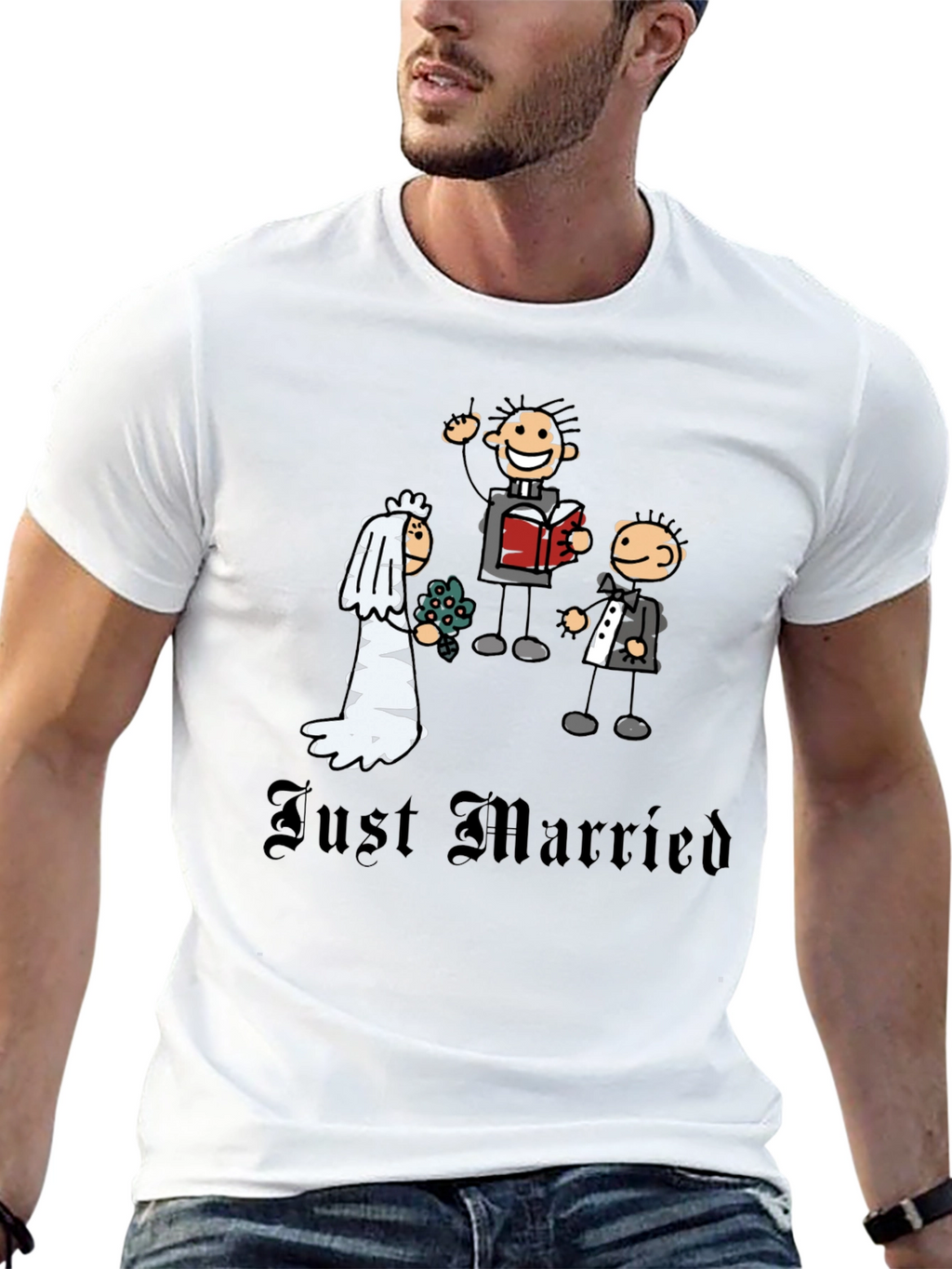 Just Married Cartoon Graphic T-Shirt - Novelty Wedding Tee