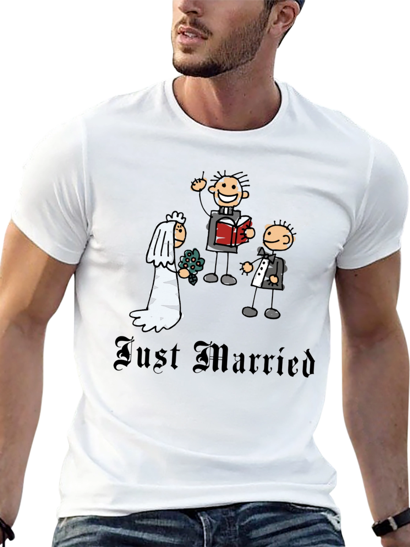 Just Married Cartoon Graphic T-Shirt - Novelty Wedding Tee