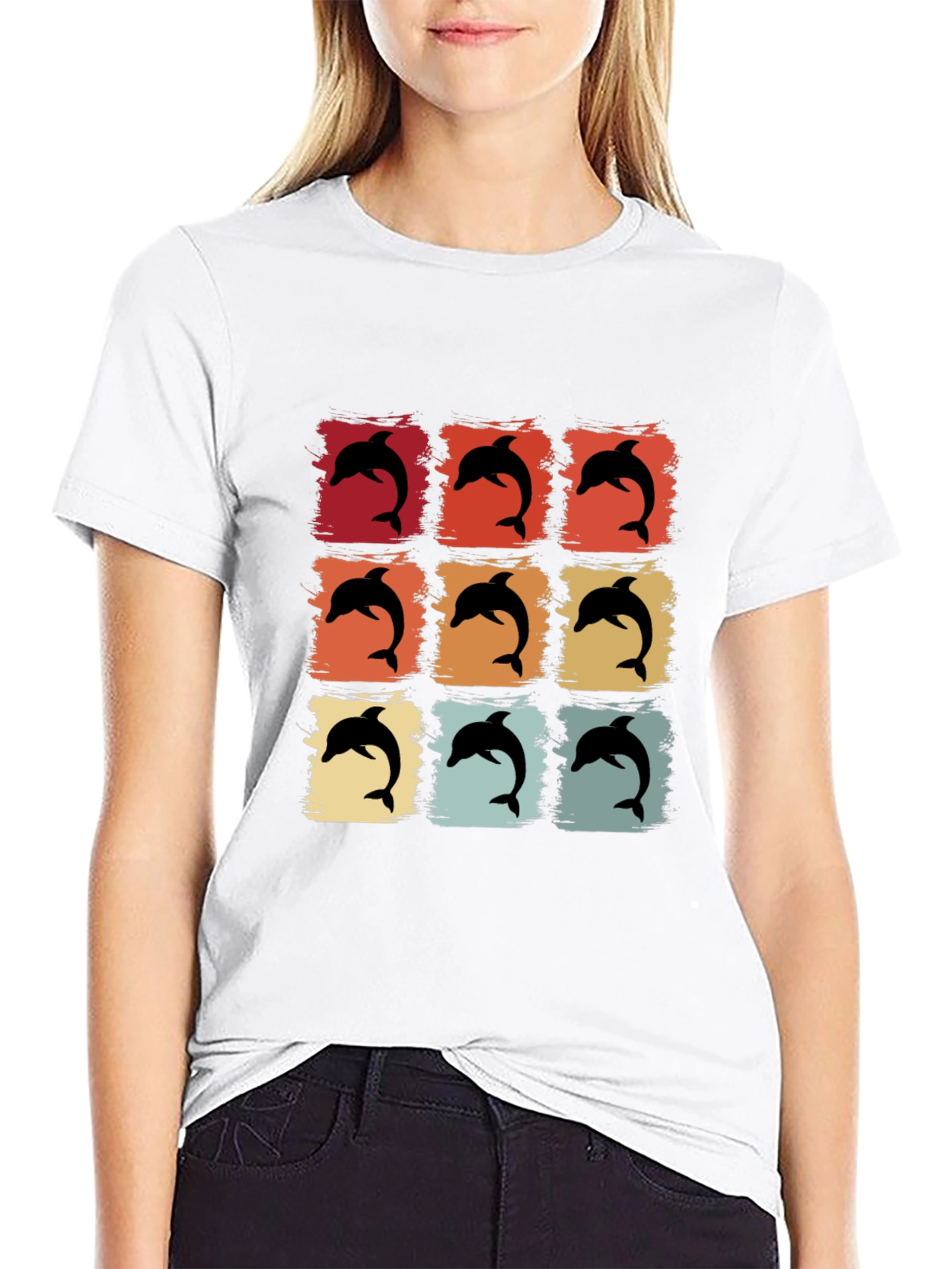 Retro Dolphin Graphic Print Crew Neck Tee