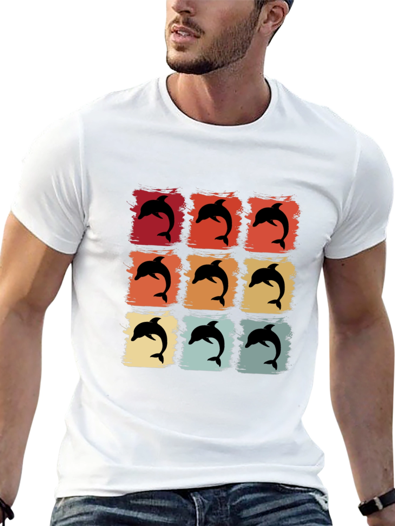 Retro Dolphin Graphic Print Crew Neck Tee