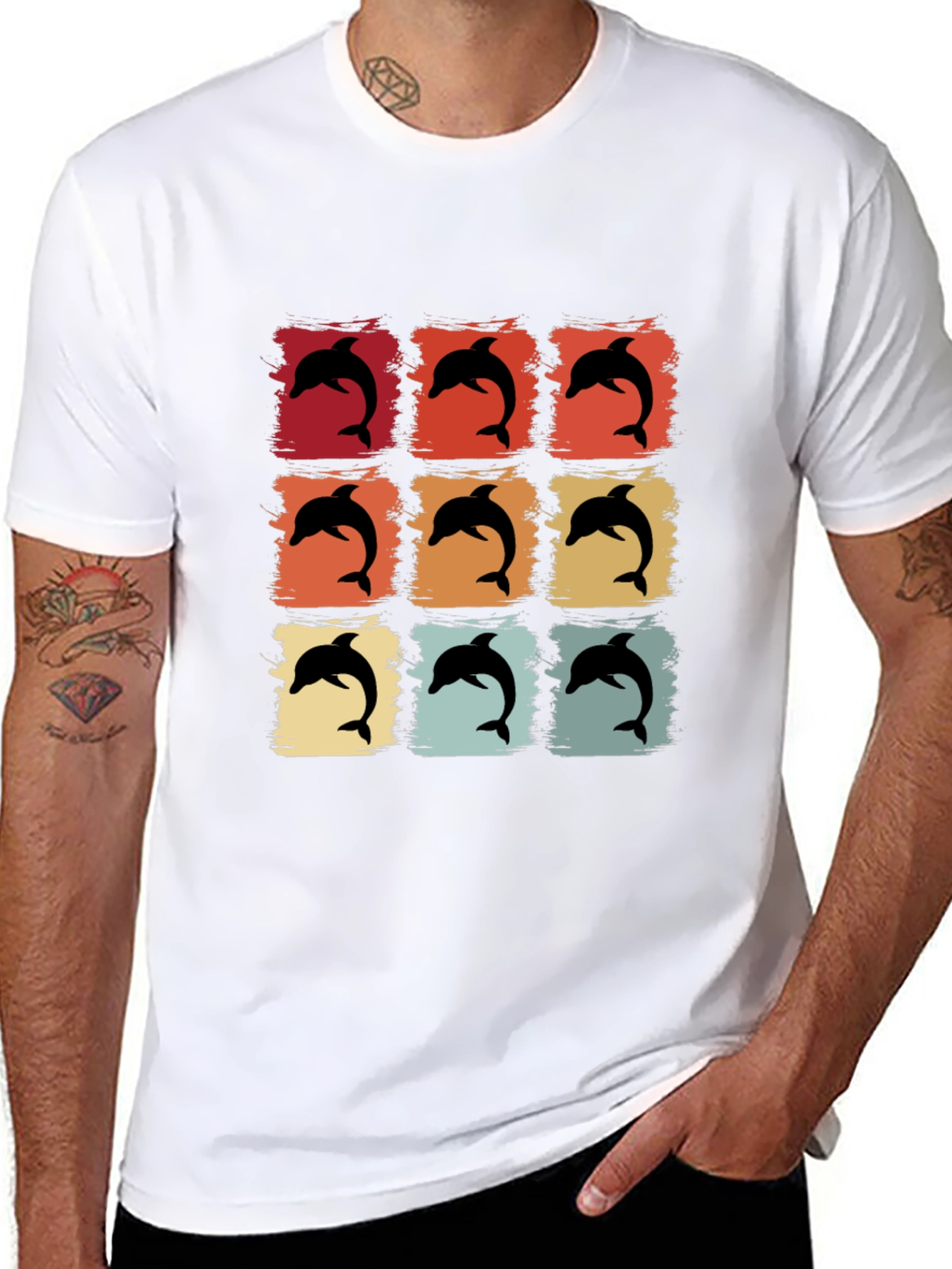 Retro Dolphin Graphic Print Crew Neck Tee