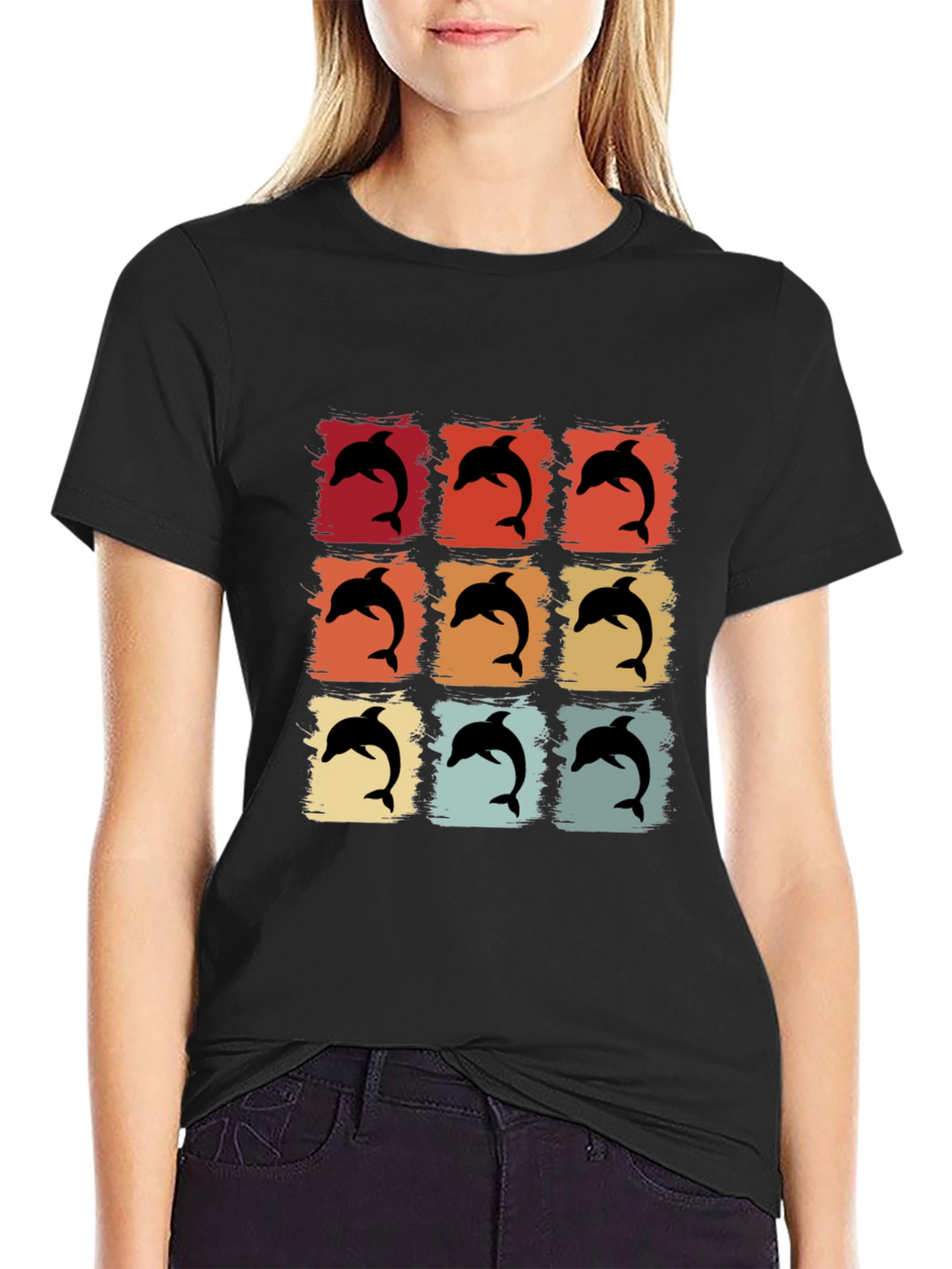 Retro Dolphin Graphic Print Crew Neck Tee