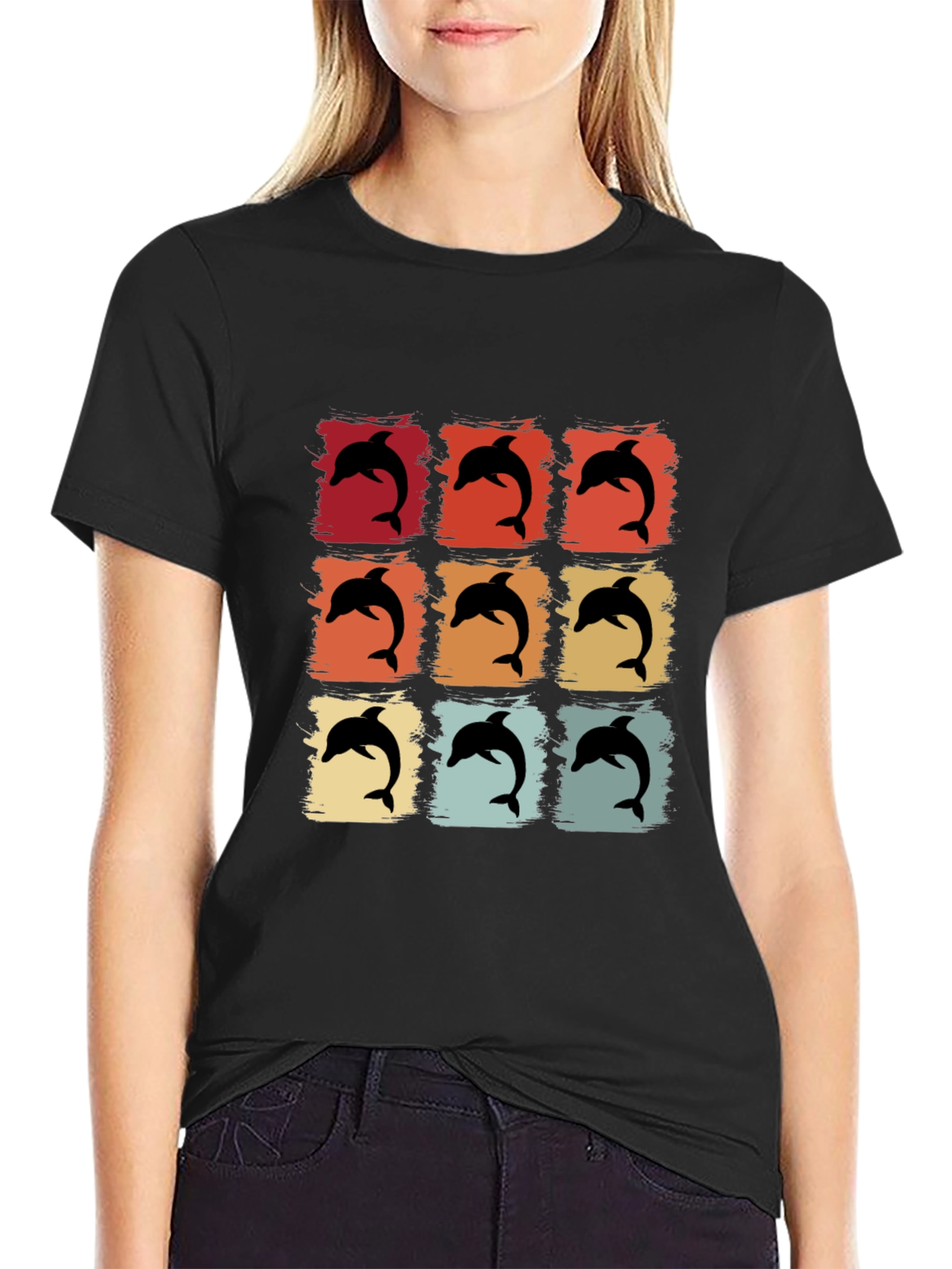 Retro Dolphin Graphic Print Crew Neck Tee