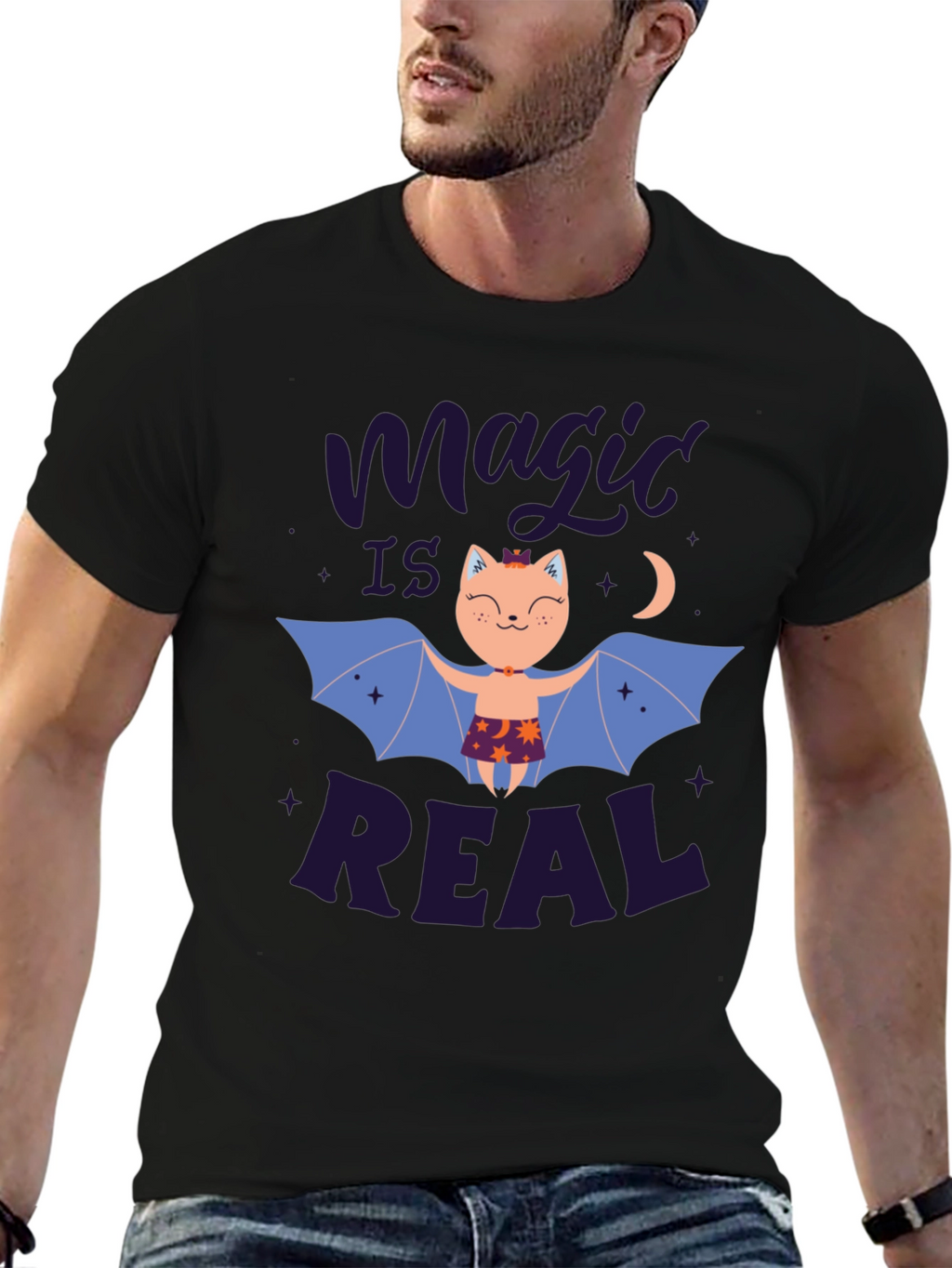 Magic is Real Bat Cat Black T-Shirt