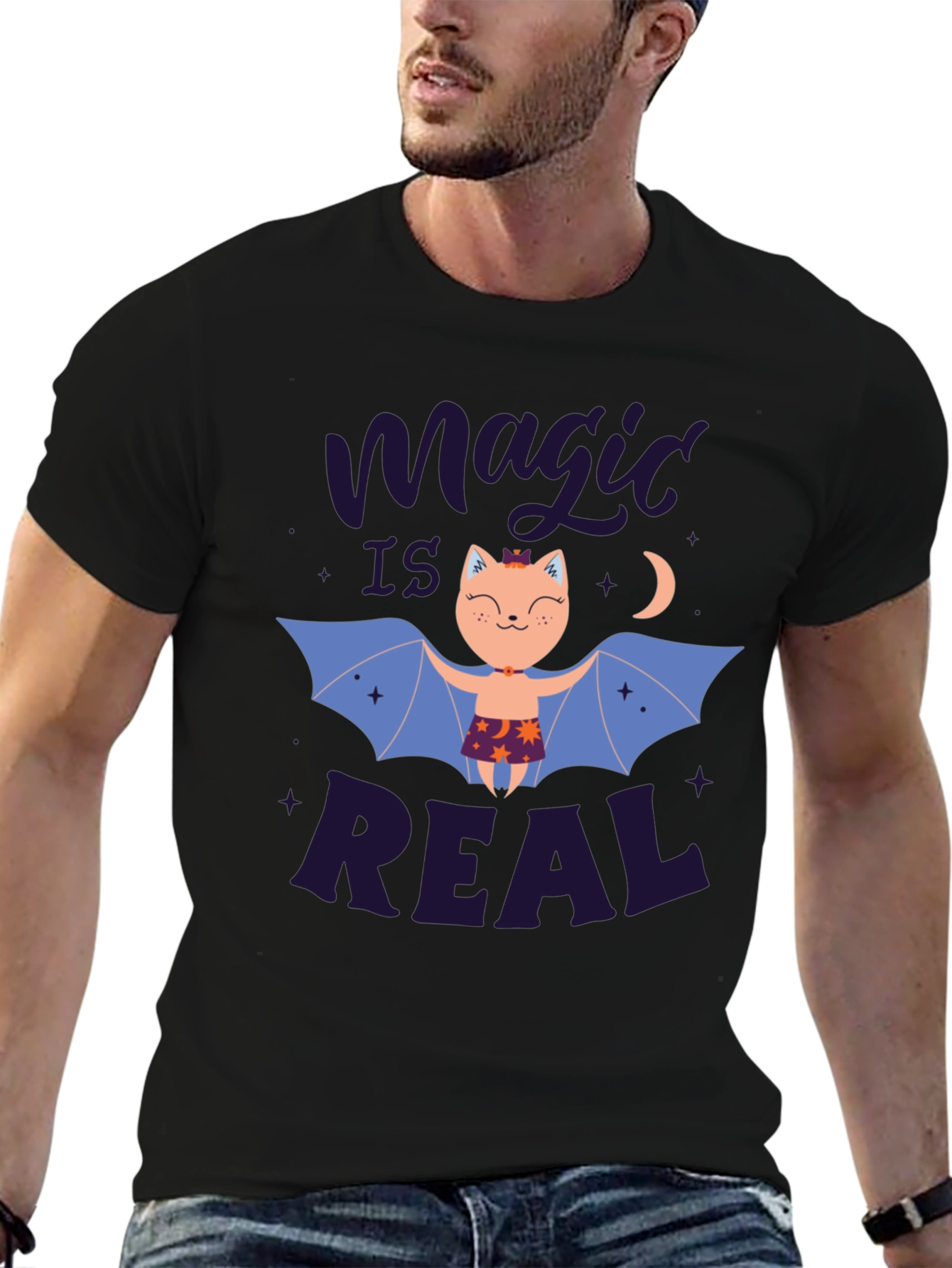 Magic is Real Bat Cat Black T-Shirt