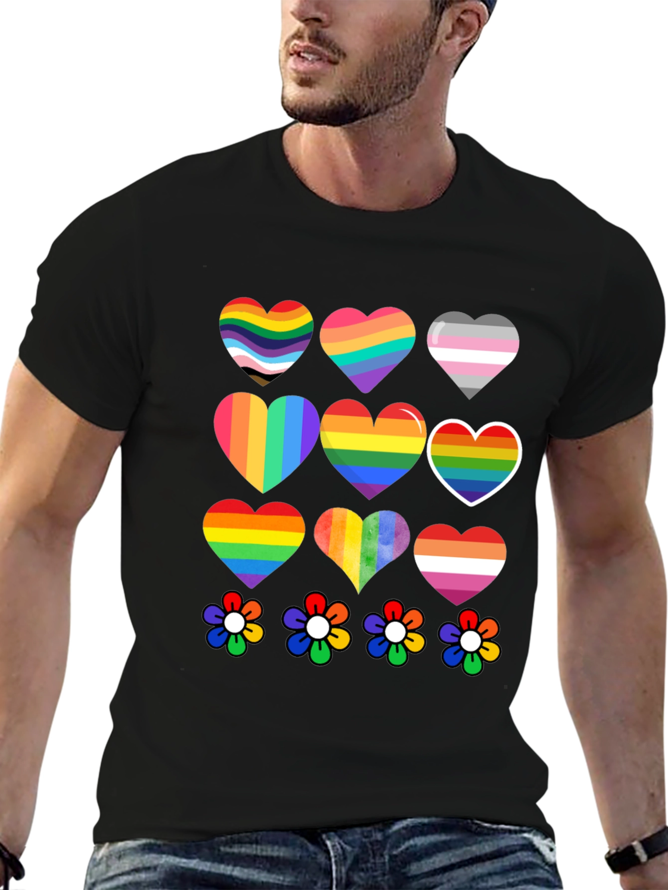 Pride Hearts & Flowers T-Shirt - Black LGBT Tee