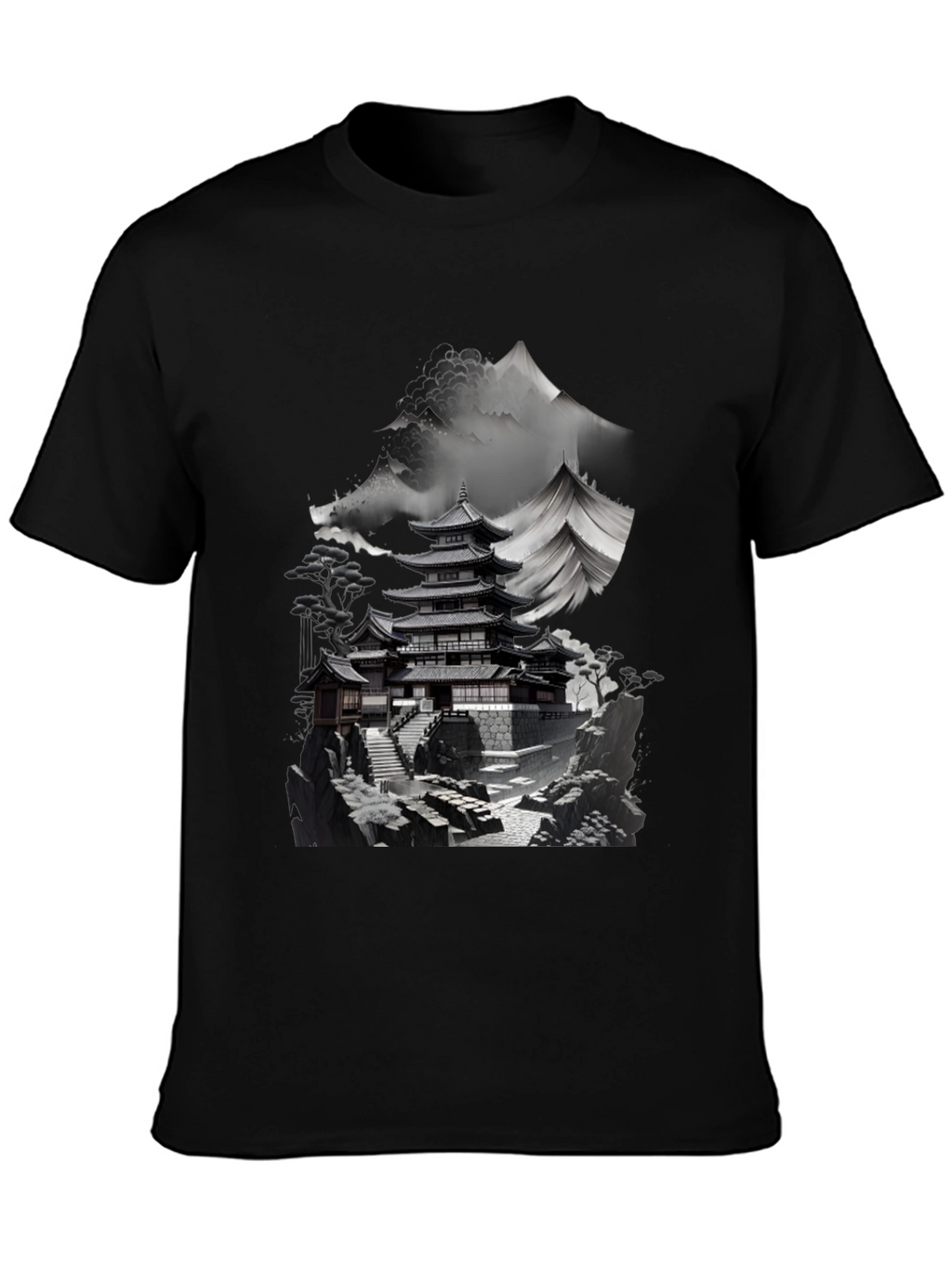 Japanese Temple Mountain Graphic Tee - Black