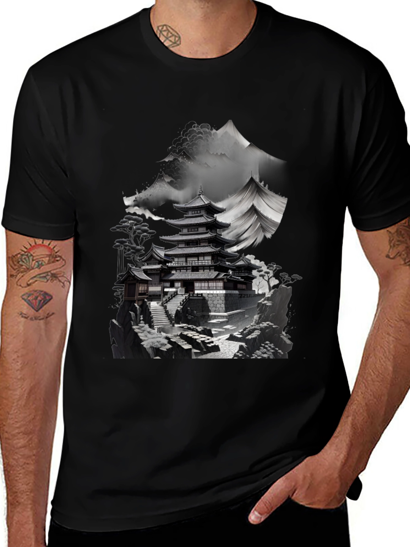 Japanese Temple Mountain Graphic Tee - Black