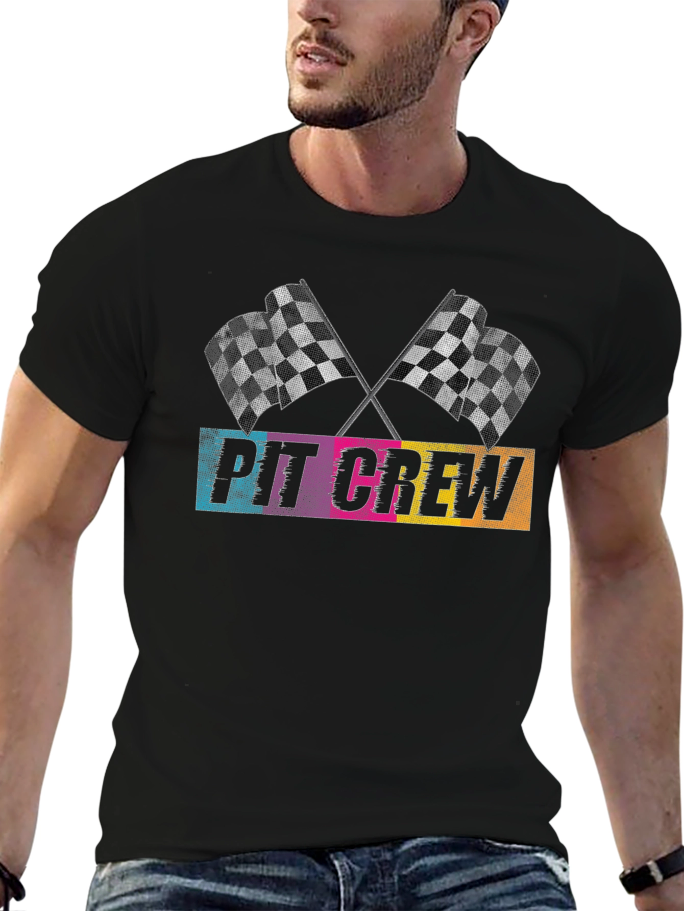 Pit Crew Checkered Flags Graphic T-Shirt