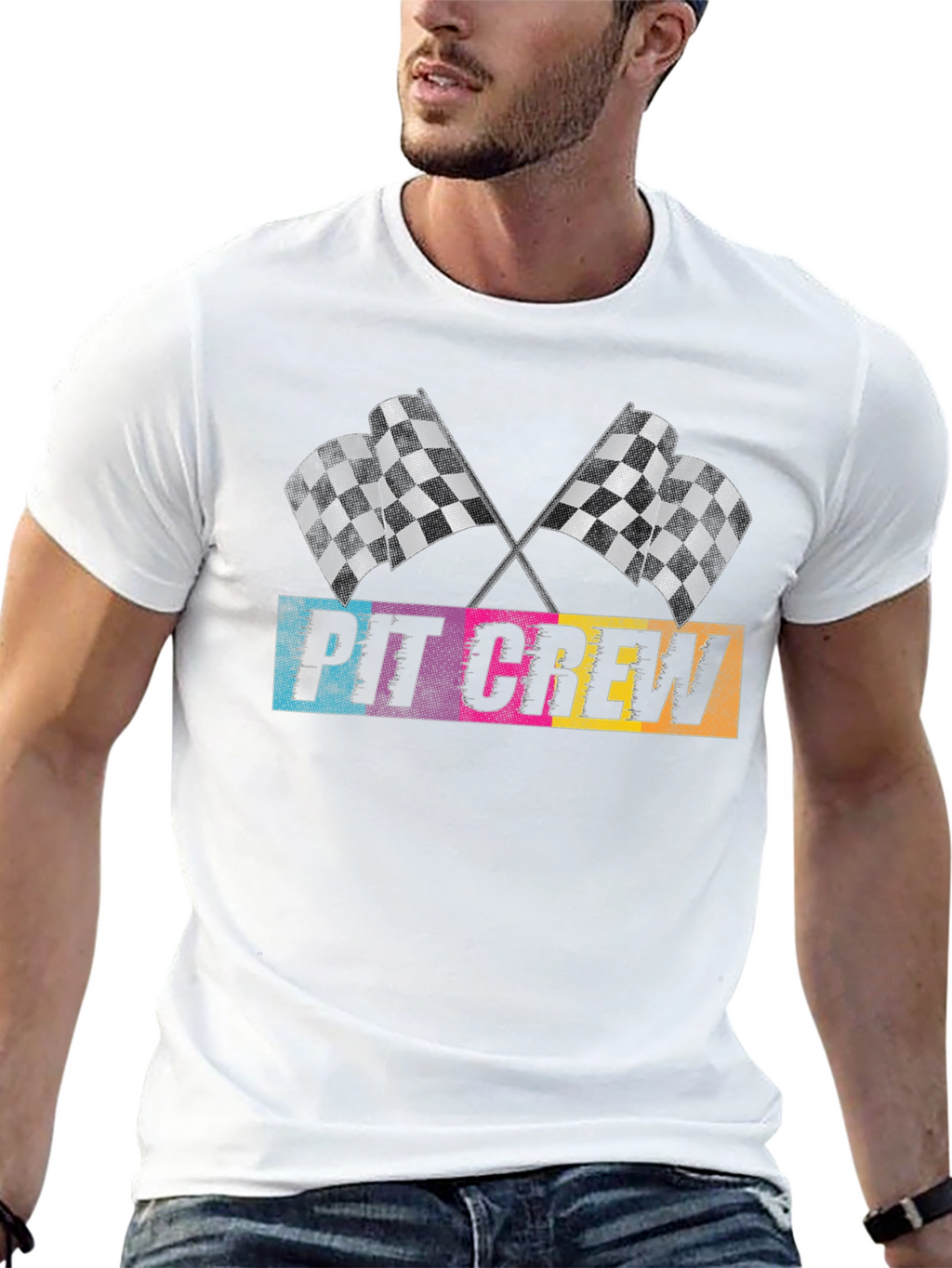 Pit Crew Checkered Flags Graphic T-Shirt