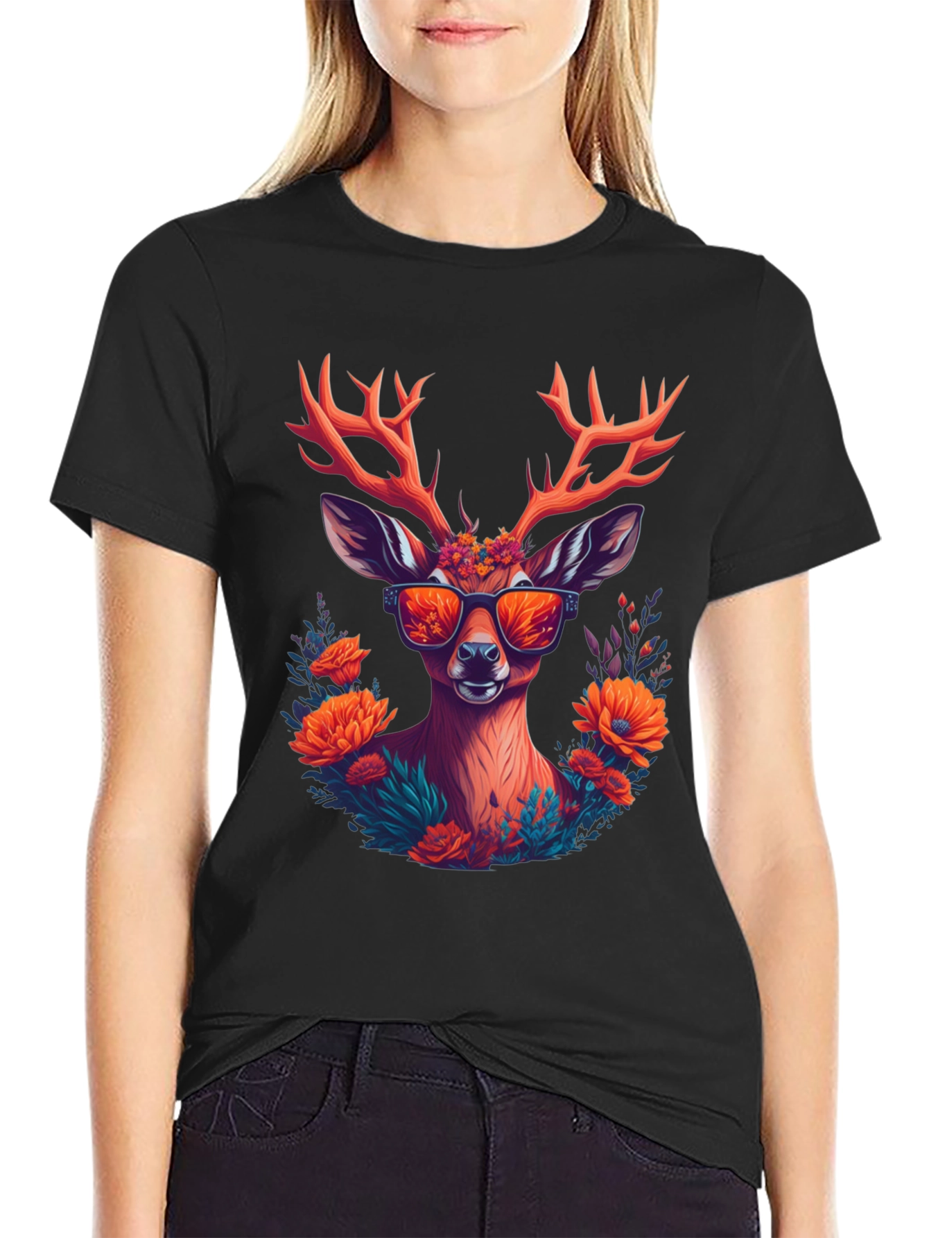 Cool Deer Graphic Tee - Unique Floral Antler Design