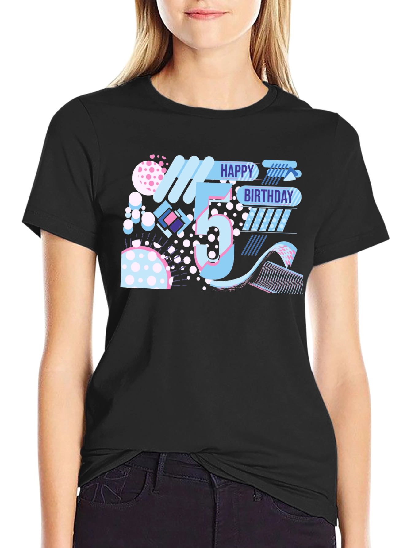 Happy 5th Birthday Graphic Tee - Black Cotton Comfort