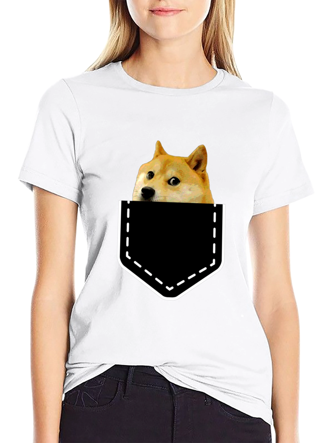 Doge in Pocket Graphic Tee - Black Cotton T-Shirt