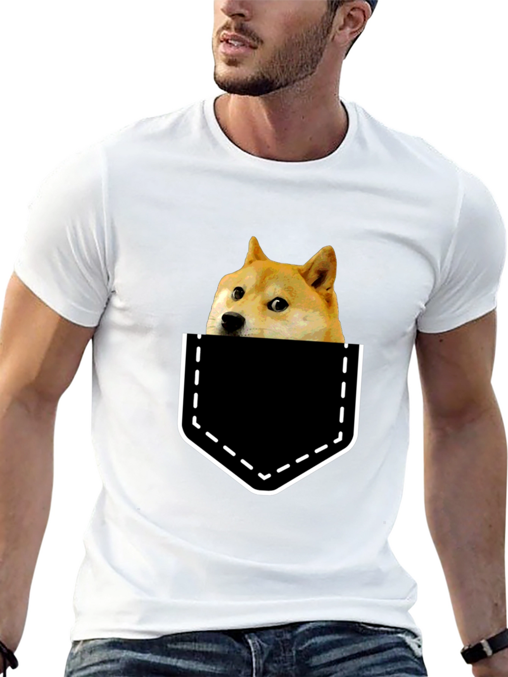 Doge in Pocket Graphic Tee - Black Cotton T-Shirt