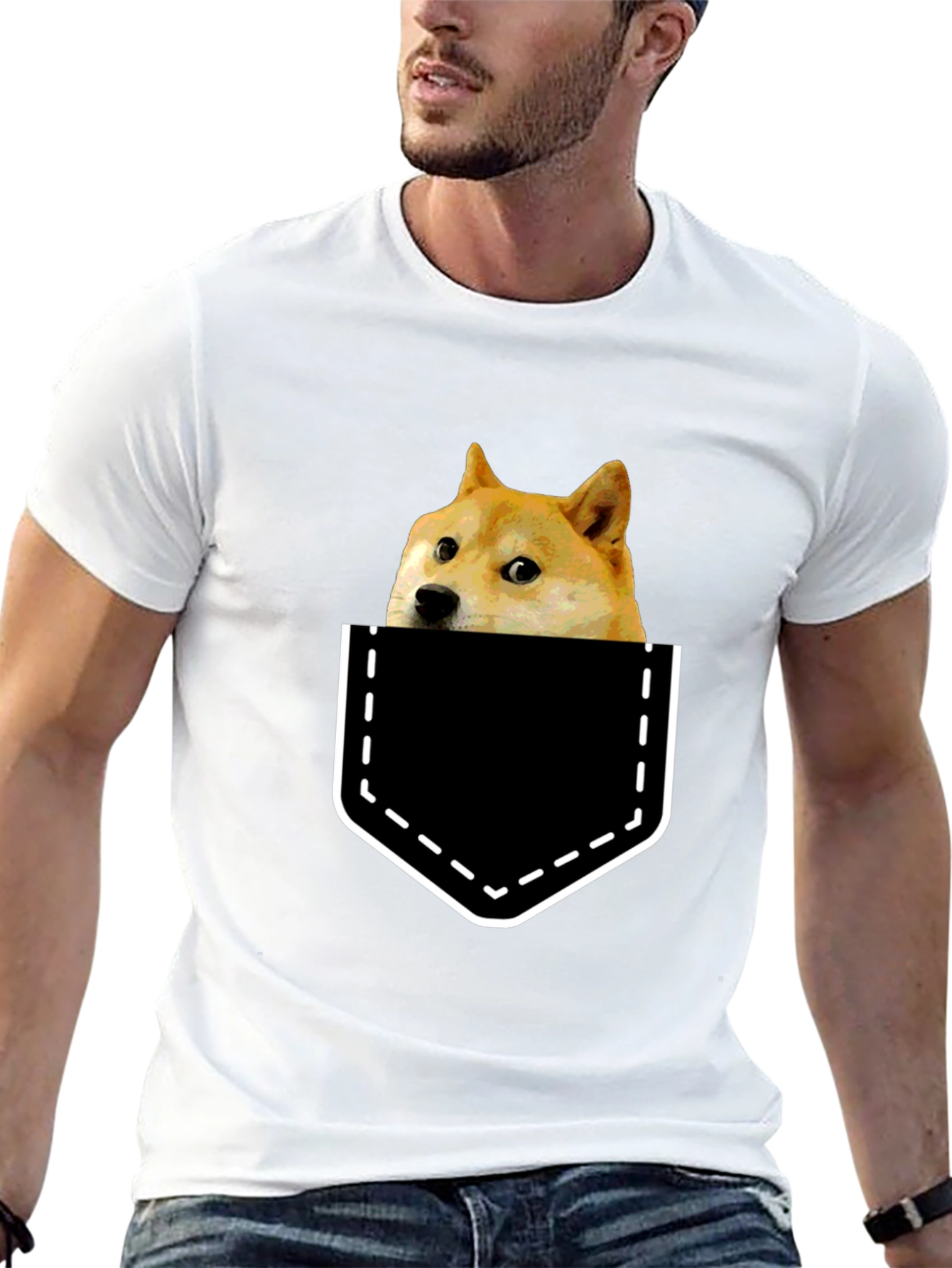 Doge in Pocket Graphic Tee - Black Cotton T-Shirt