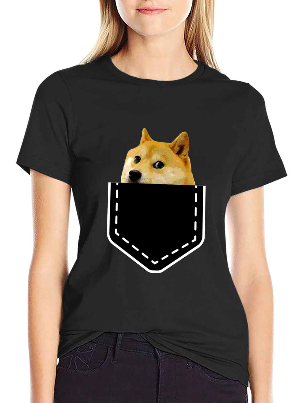 Doge in Pocket Graphic Tee - Black Cotton T-Shirt