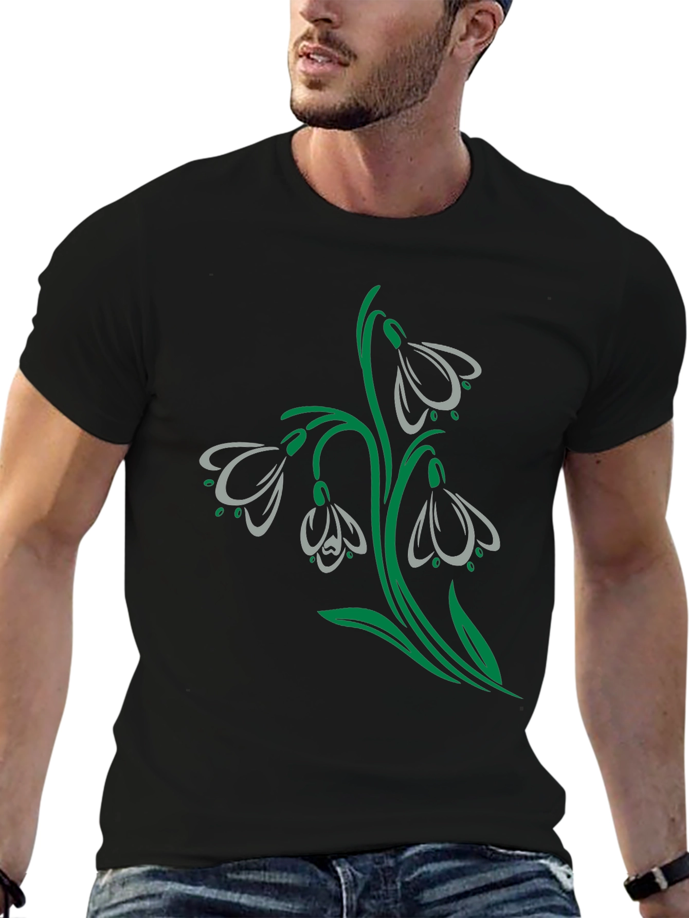 Snowdrop Flower Graphic Black T-Shirt