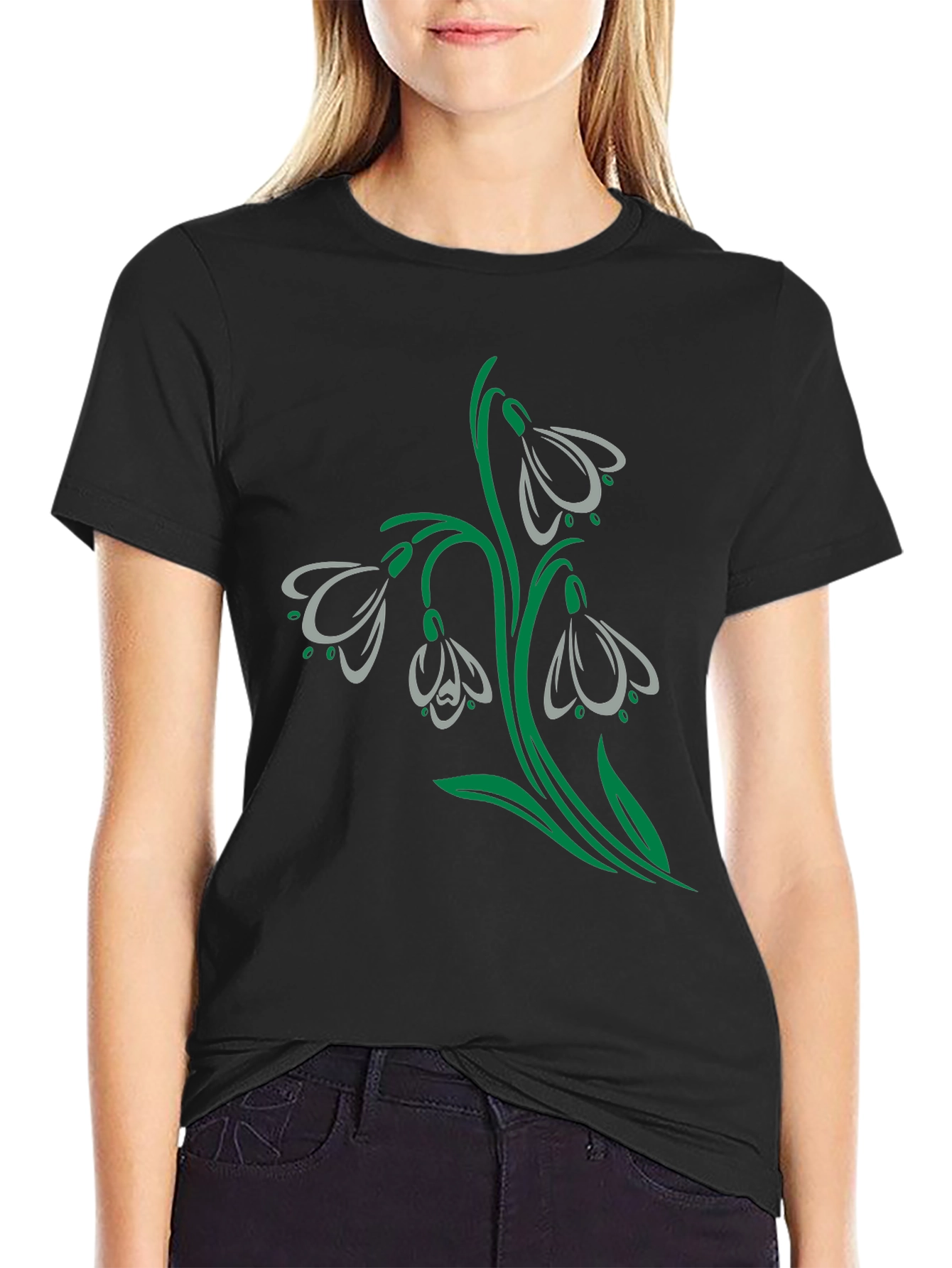 Snowdrop Flower Graphic Black T-Shirt