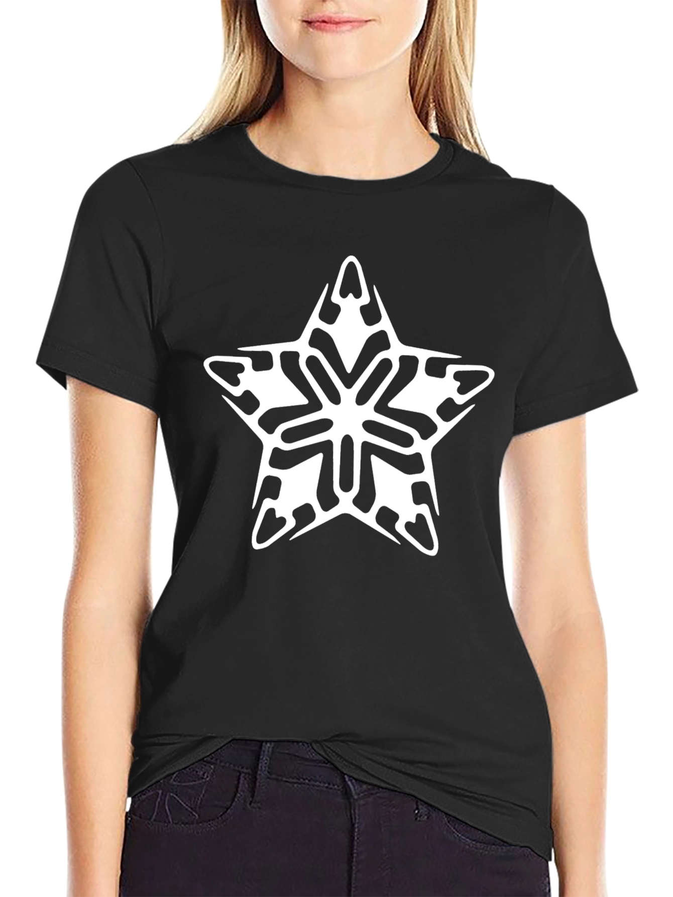 Stylish Black Tee with Star Snowflake Graphic