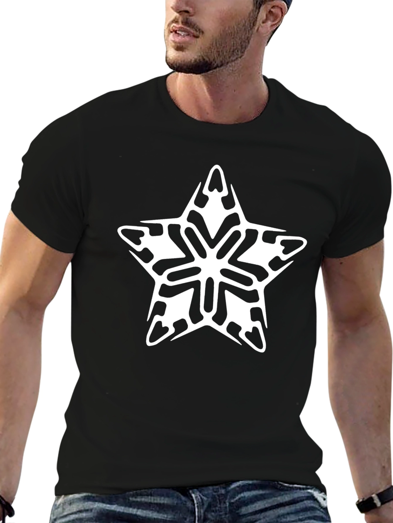 Stylish Black Tee with Star Snowflake Graphic
