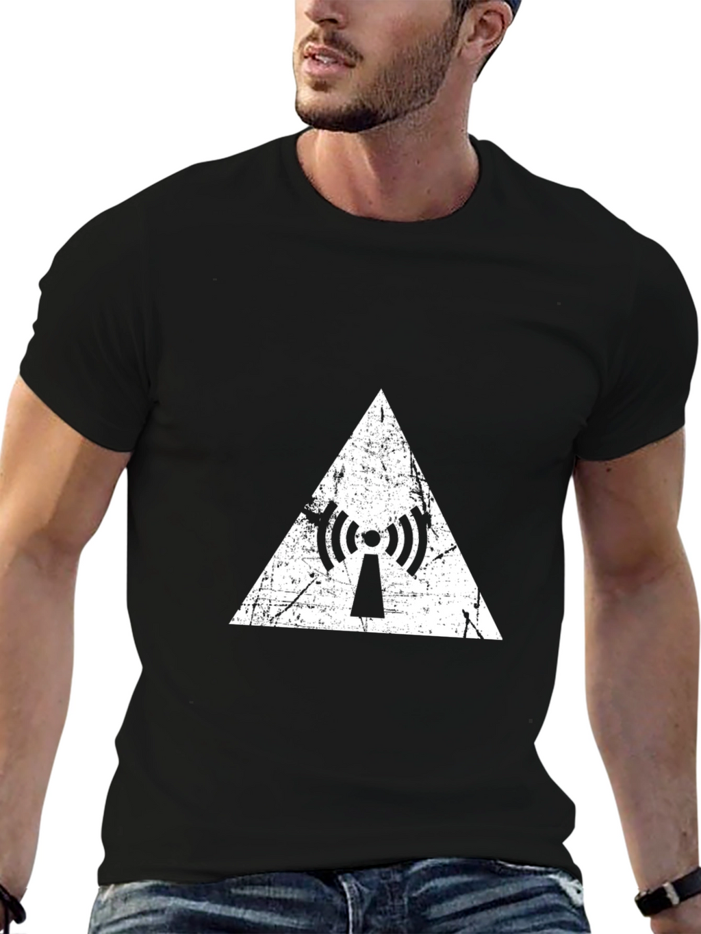 Distressed Antenna Triangle Graphic Black T-Shirt