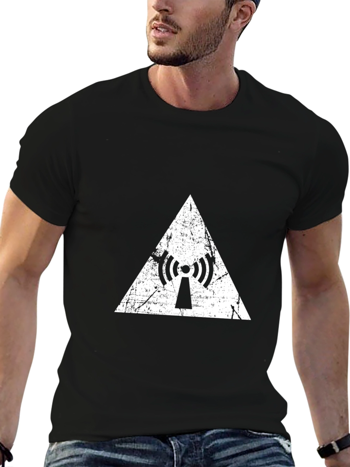 Distressed Antenna Triangle Graphic Black T-Shirt