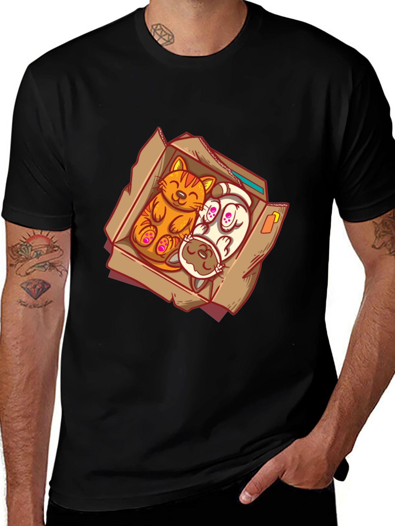 Cat and Dog Cartoon Graphic Tee - Black