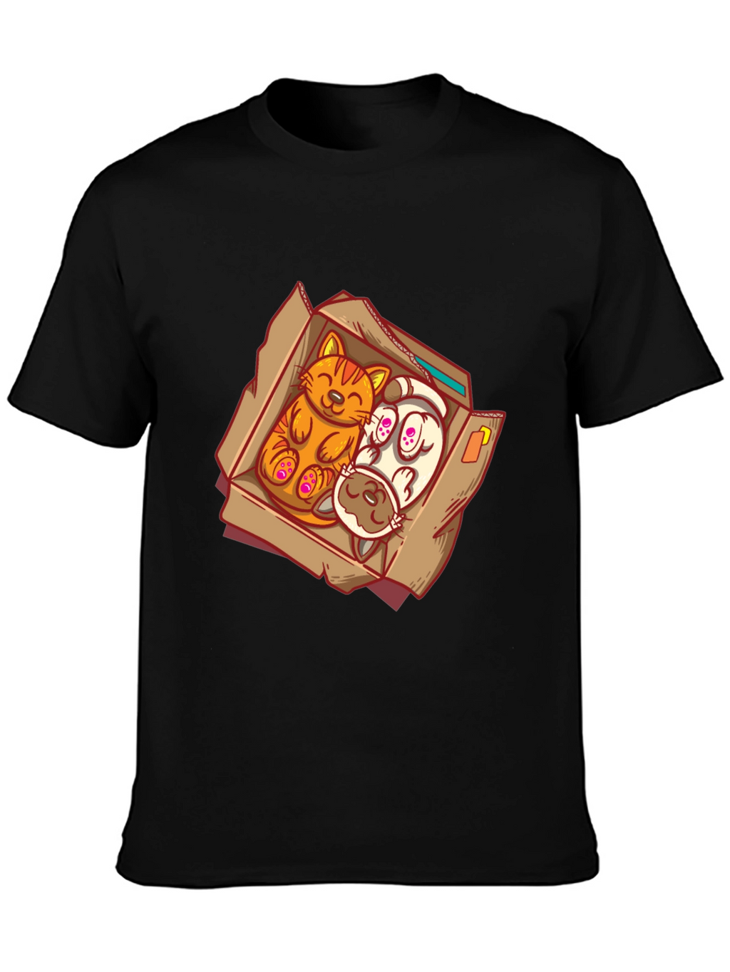 Cat and Dog Cartoon Graphic Tee - Black