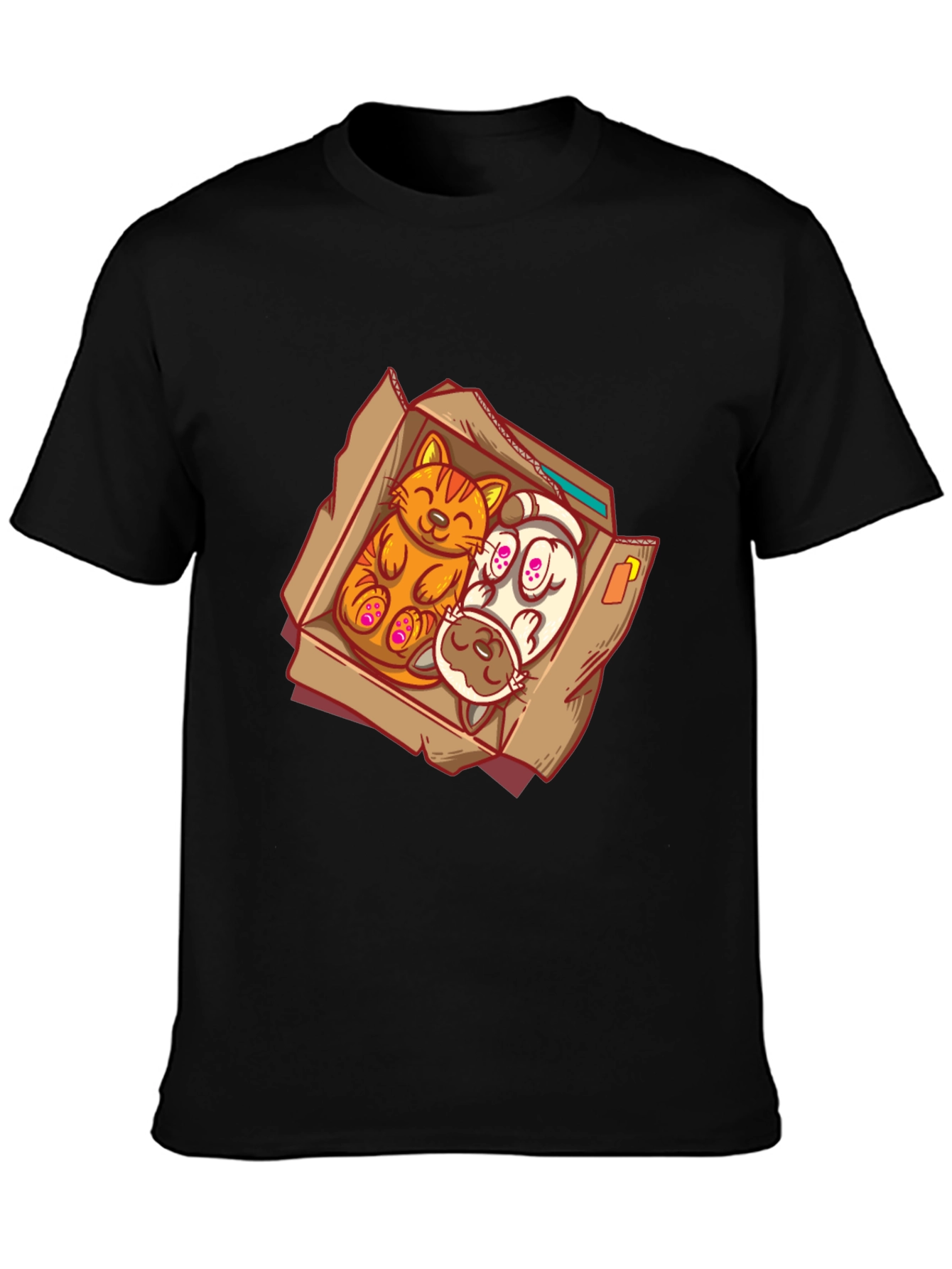 Cat and Dog Cartoon Graphic Tee - Black