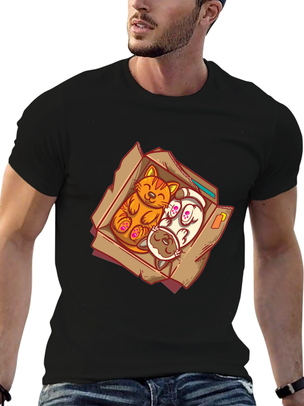 Cat and Dog Cartoon Graphic Tee - Black