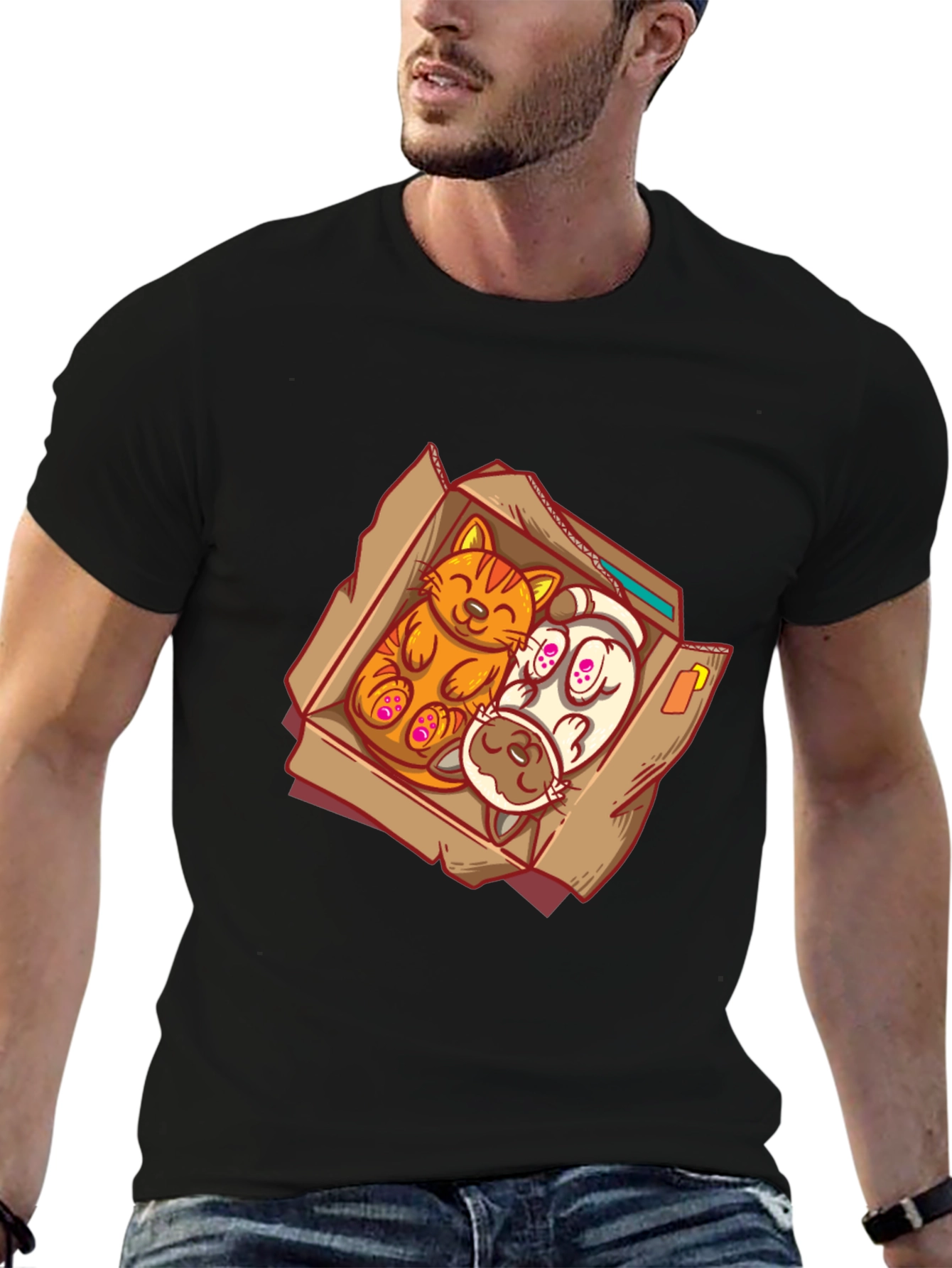 Cat and Dog Cartoon Graphic Tee - Black