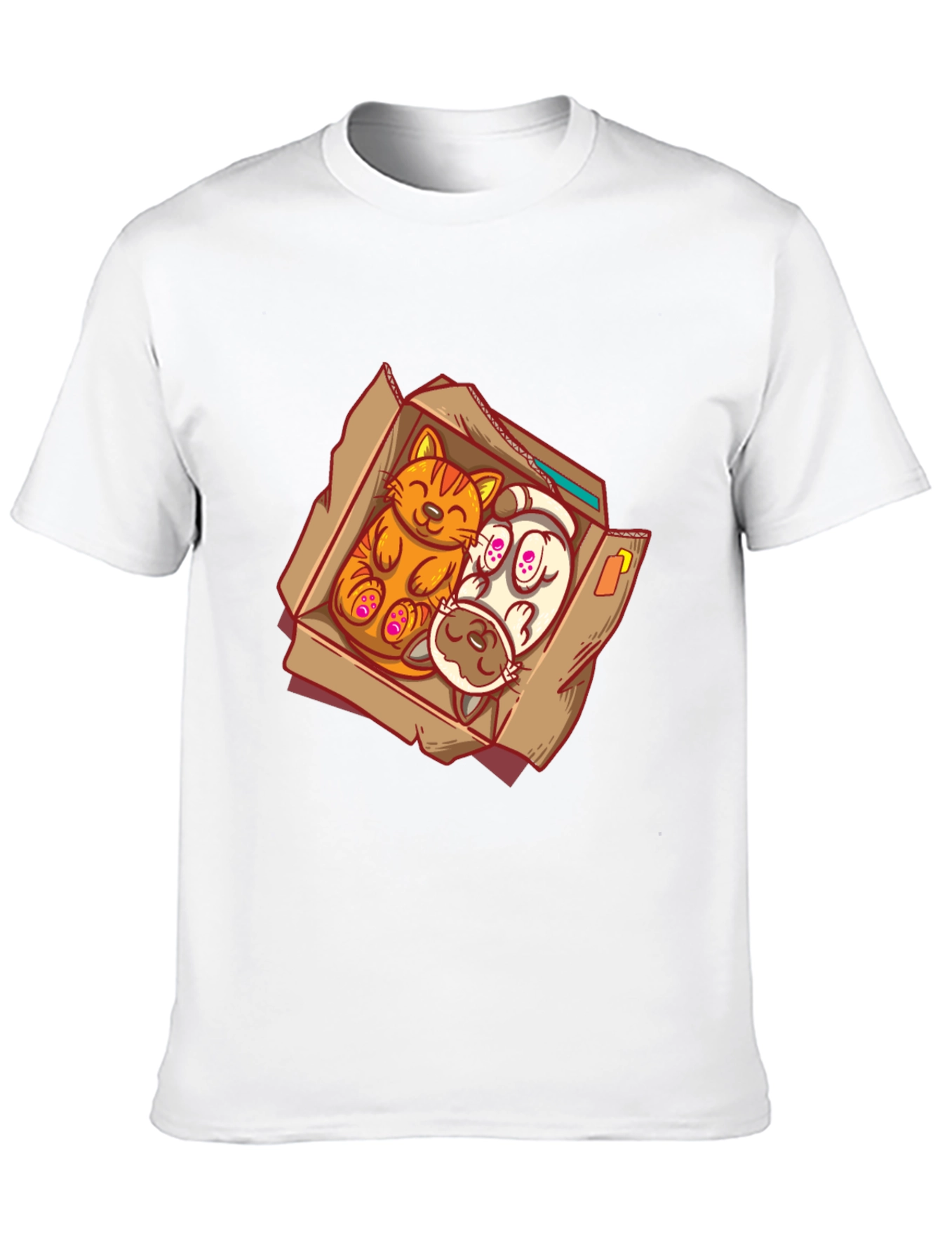 Cat and Dog Cartoon Graphic Tee - Black