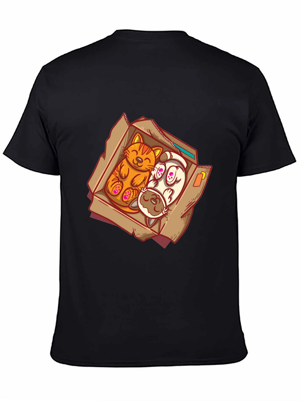 Cat and Dog Cartoon Graphic Tee - Black