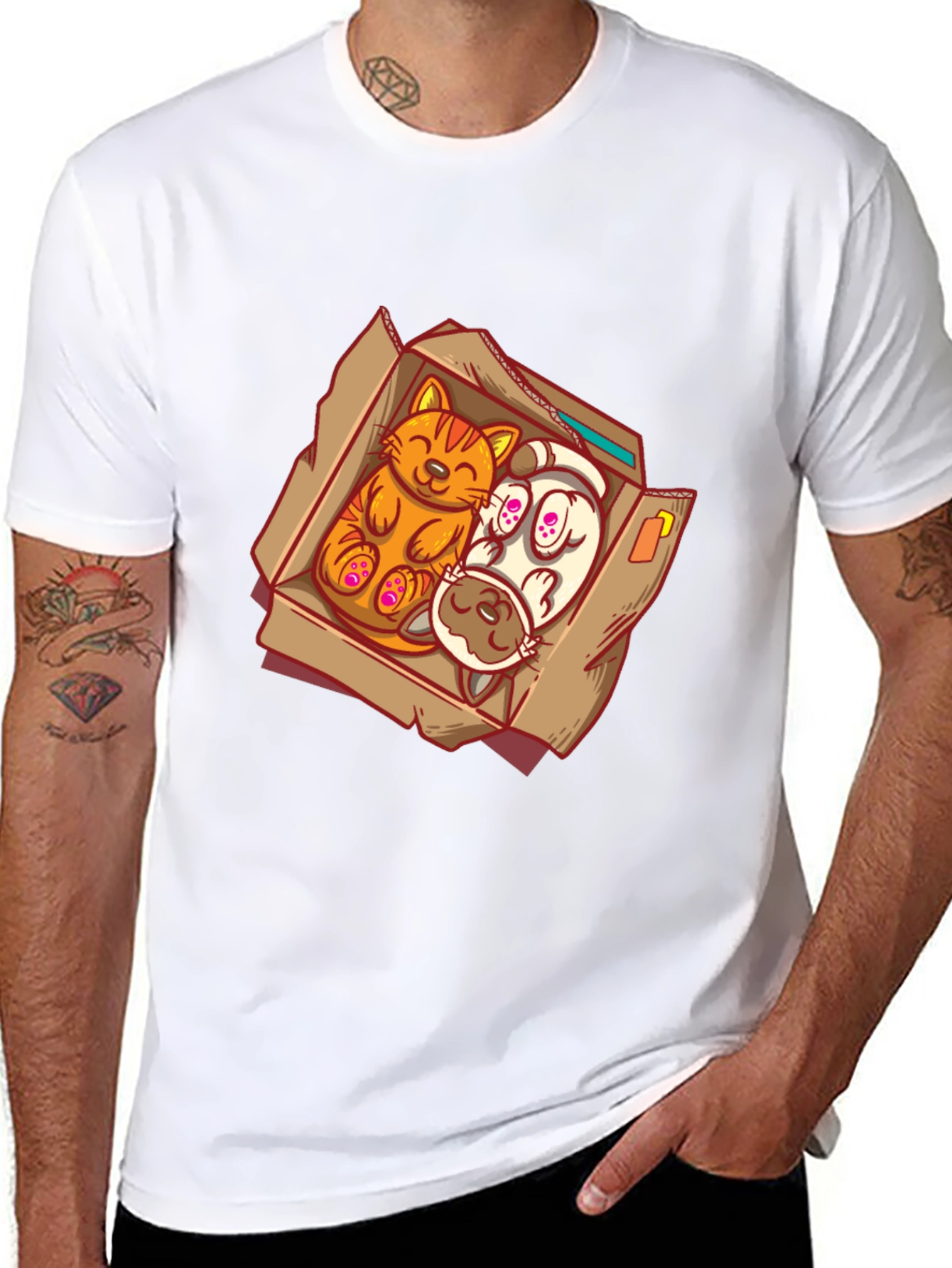 Cat and Dog Cartoon Graphic Tee - Black