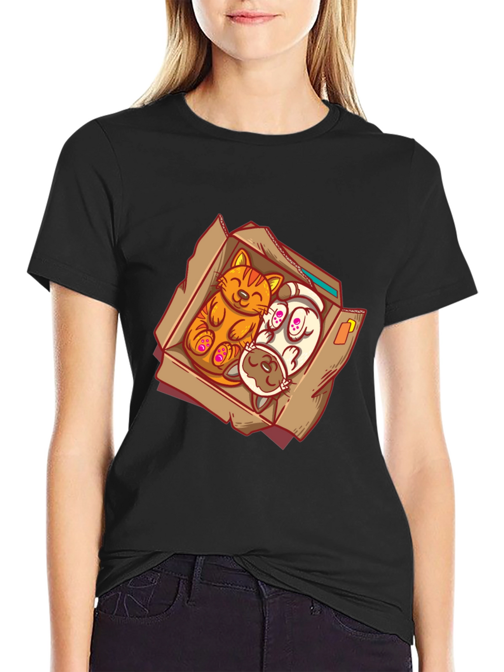 Cat and Dog Cartoon Graphic Tee - Black