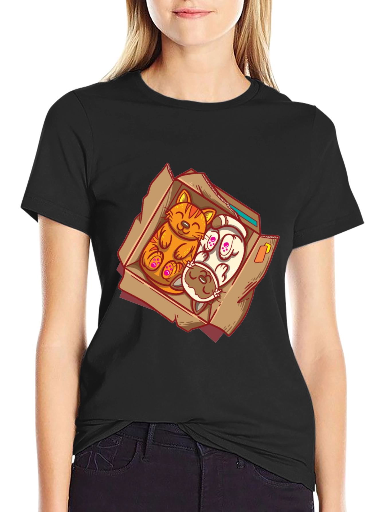 Cat and Dog Cartoon Graphic Tee - Black