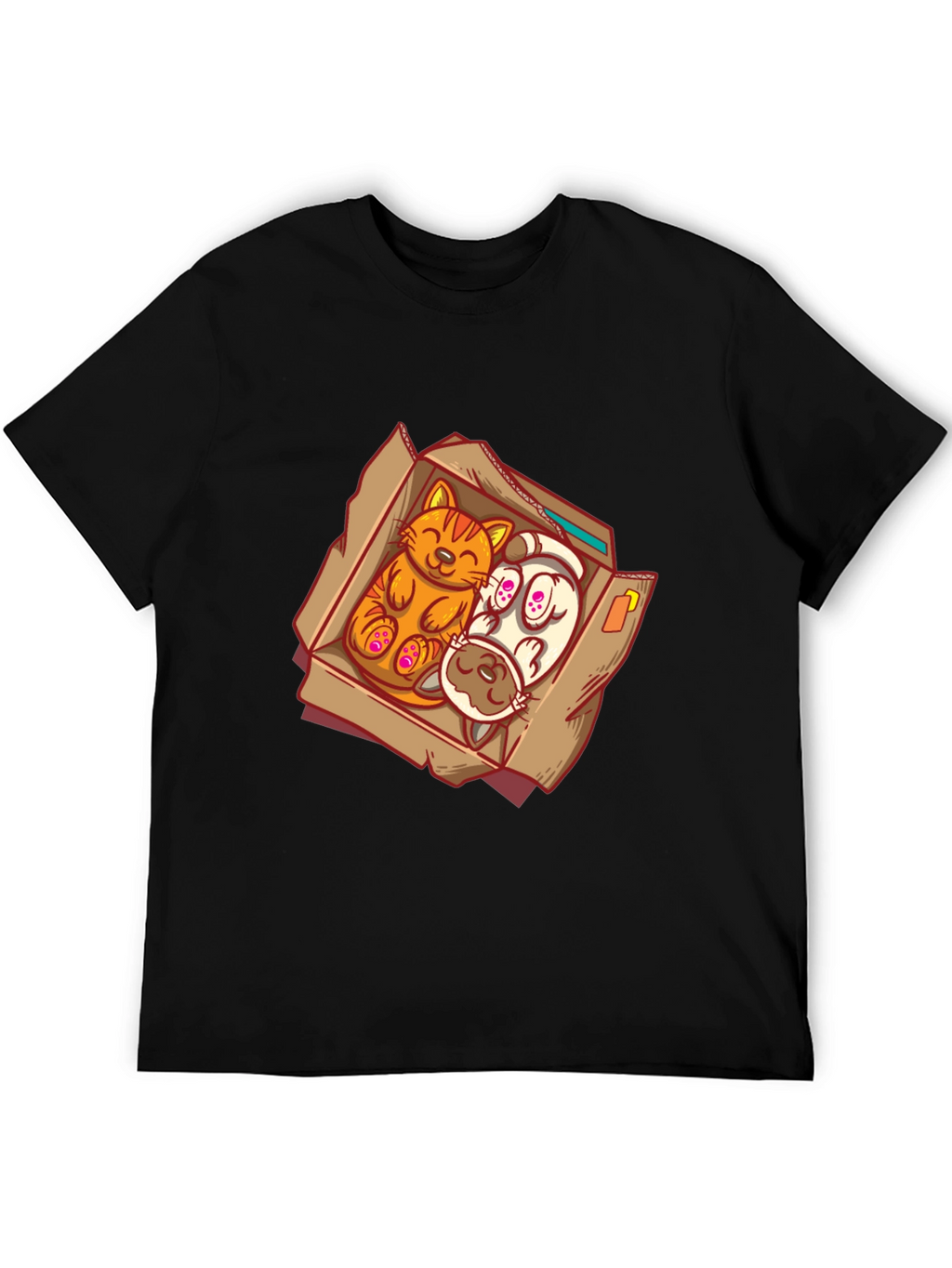 Cat and Dog Cartoon Graphic Tee - Black
